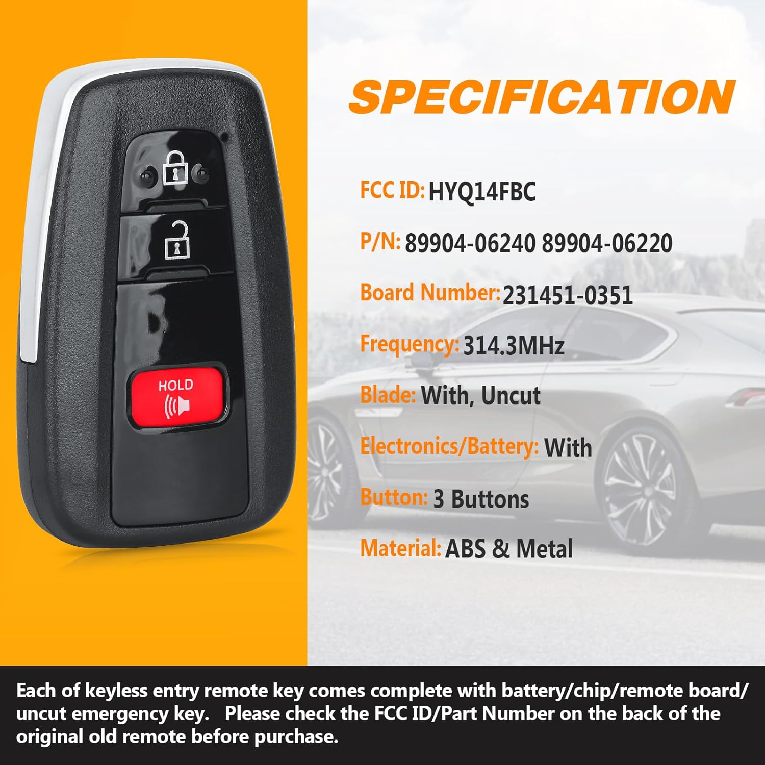 Yewong Keyless Entry Remote Smart Key Fob Replacement for Toyota Camry 2018 2019 2020 2021 2022 2023 FCC ID:HYQ14FBC Board ID:231451-0351G 314.3MHz 3 Buttons