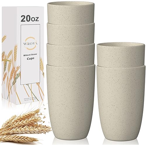 Wrova Wheat Straw Cups 6 PCS Good Alternative to Plastic Reusable Cups 20 oz Unbreakable Drinking Cup Reusable Dishwasher Safe Water Plastic Glasses Beige