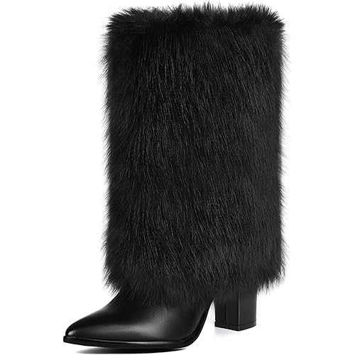 Womens 3.3-inch Chunky Mid Calf Fur Heel Boots Furry Fuzzy Fluffy Pointed Toe Boots for Women Short Wide Calf Fall Winter Snow Fold Over Boot with Side Zipper