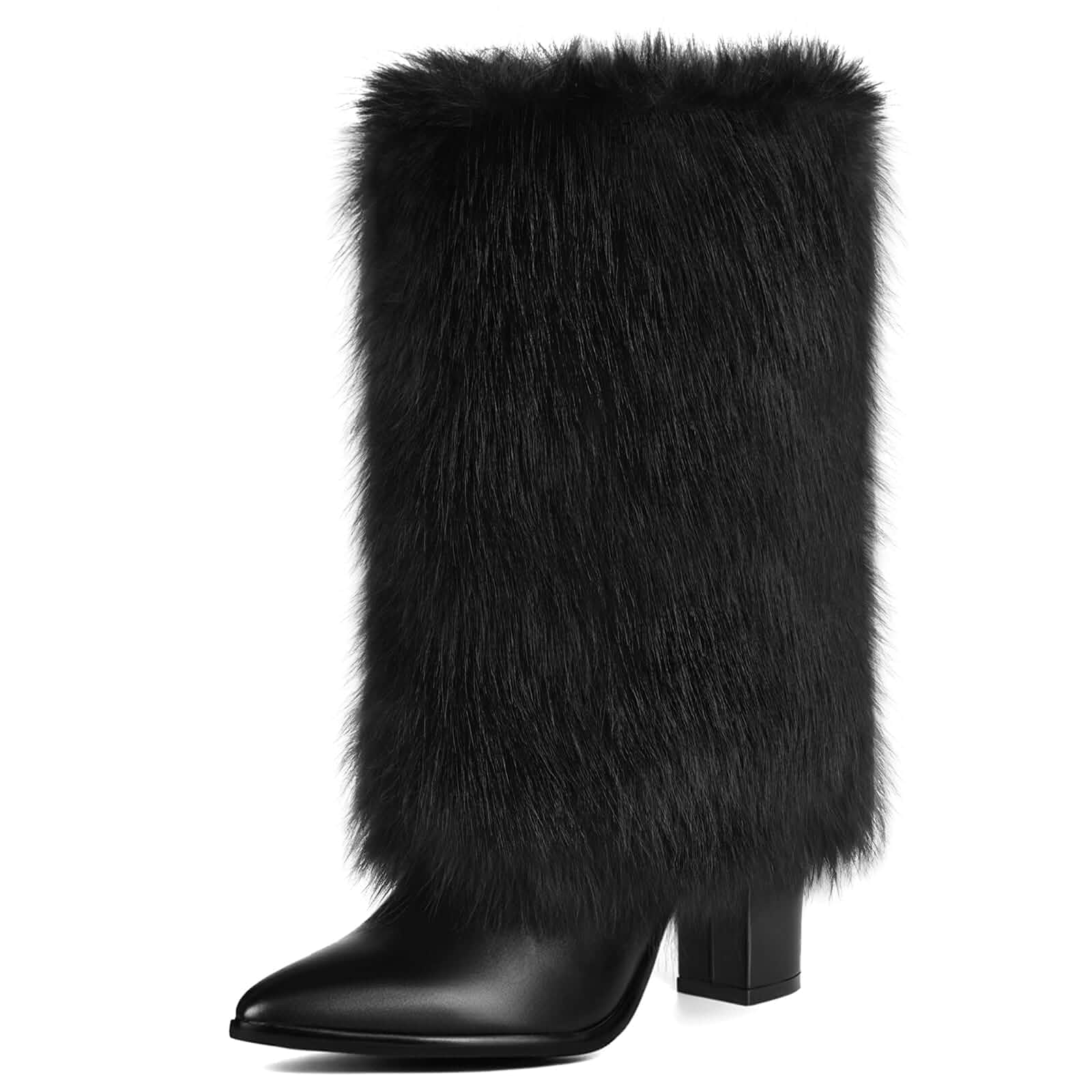 Womens 3.3-inch Chunky Mid Calf Fur Heel Boots Furry Fuzzy Fluffy BootsWomen's Leg Warmers for Halloween Christmas Rave Festival Outfit