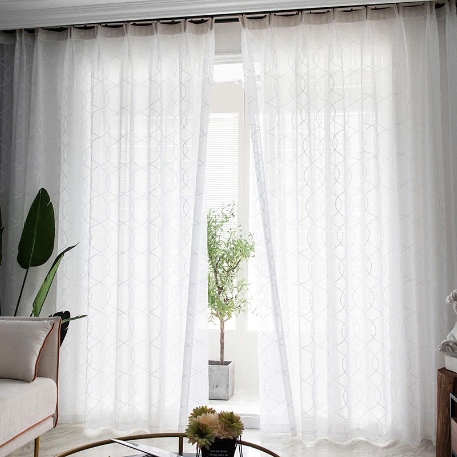 Rideaux de Tulle de Broderie Blanche pour Le Rideau de Voile Transparent de Courbe de géométrie de Salon pour Le drapé de Chambre à Coucher