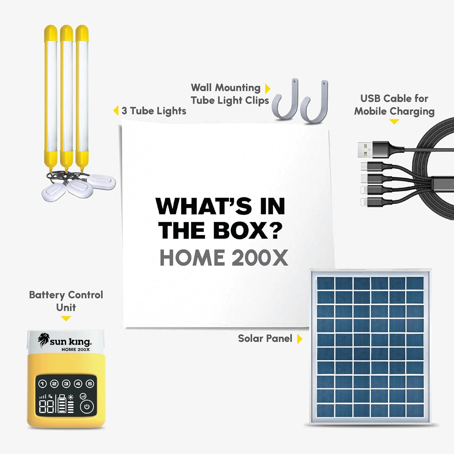 Diagram showing all components included in the Sun King Home 200X box: 3 tube lights, wall mounting clips, USB cable, battery control unit, and solar panel.
