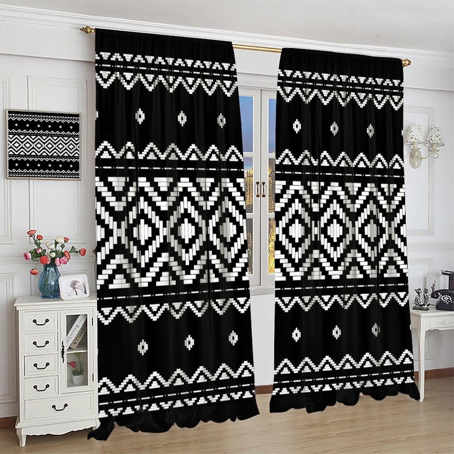 Aztec Curtain,Striped Chic Triangle and Geometric Boho Rod Pocket Blackout Window Treatments for Bedroom Living Room Decor Black and White 42" W X 54" L