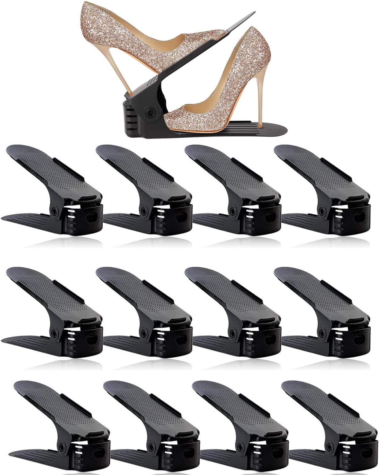 Shoe Slots Organizer, BASHUO Home Double Layer Shoe Slots Organizer-Space Saver Rack Holder for Shoes Adjustable Space Saver Storage Rack Holder(12-Pack Black)
