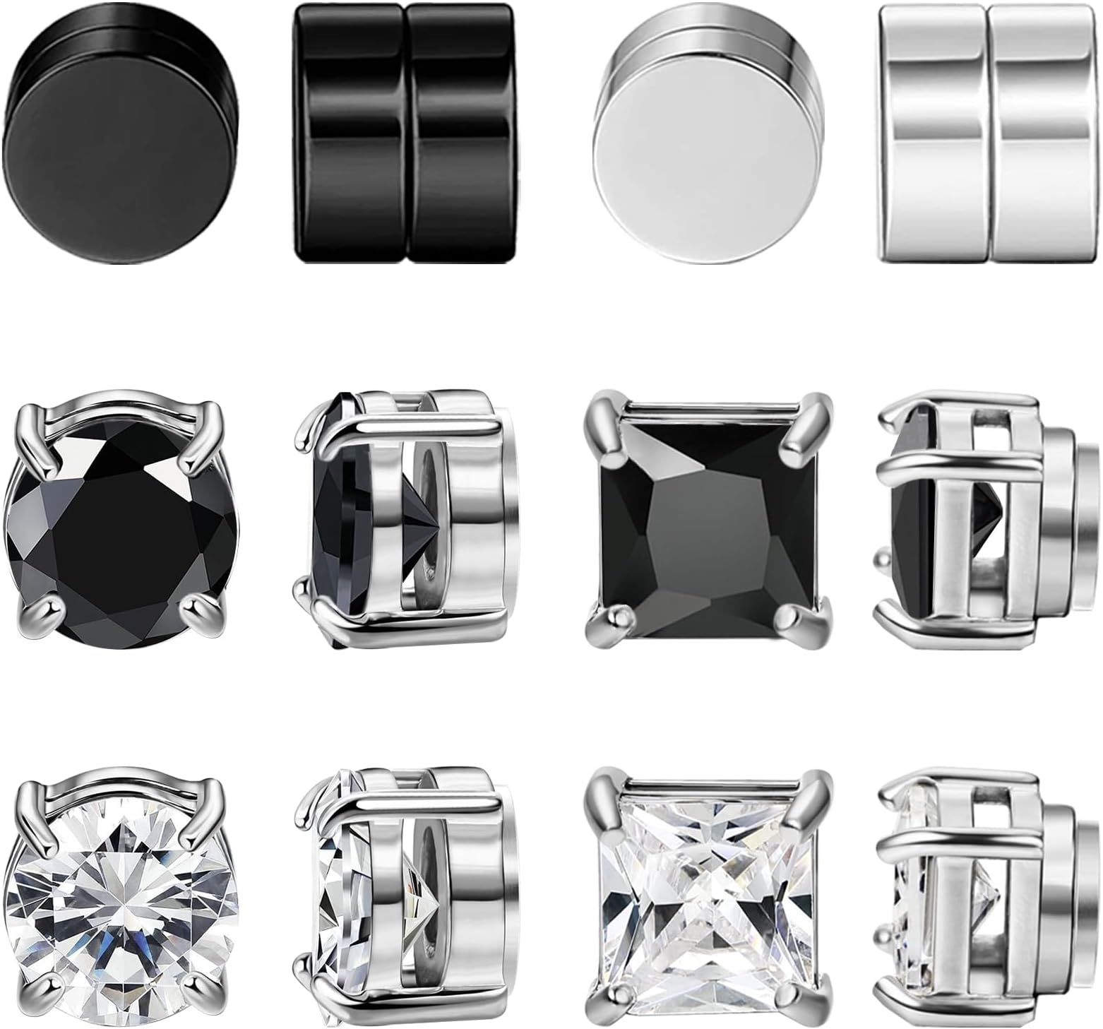 NEWITIN 6 Pairs Stainless Steel Magnetic Stud Earrings for Men Clip on Earring Magnetic Earring Unisex Non Piercing CZ Magnet Studs Diamond Earrings for Women Men