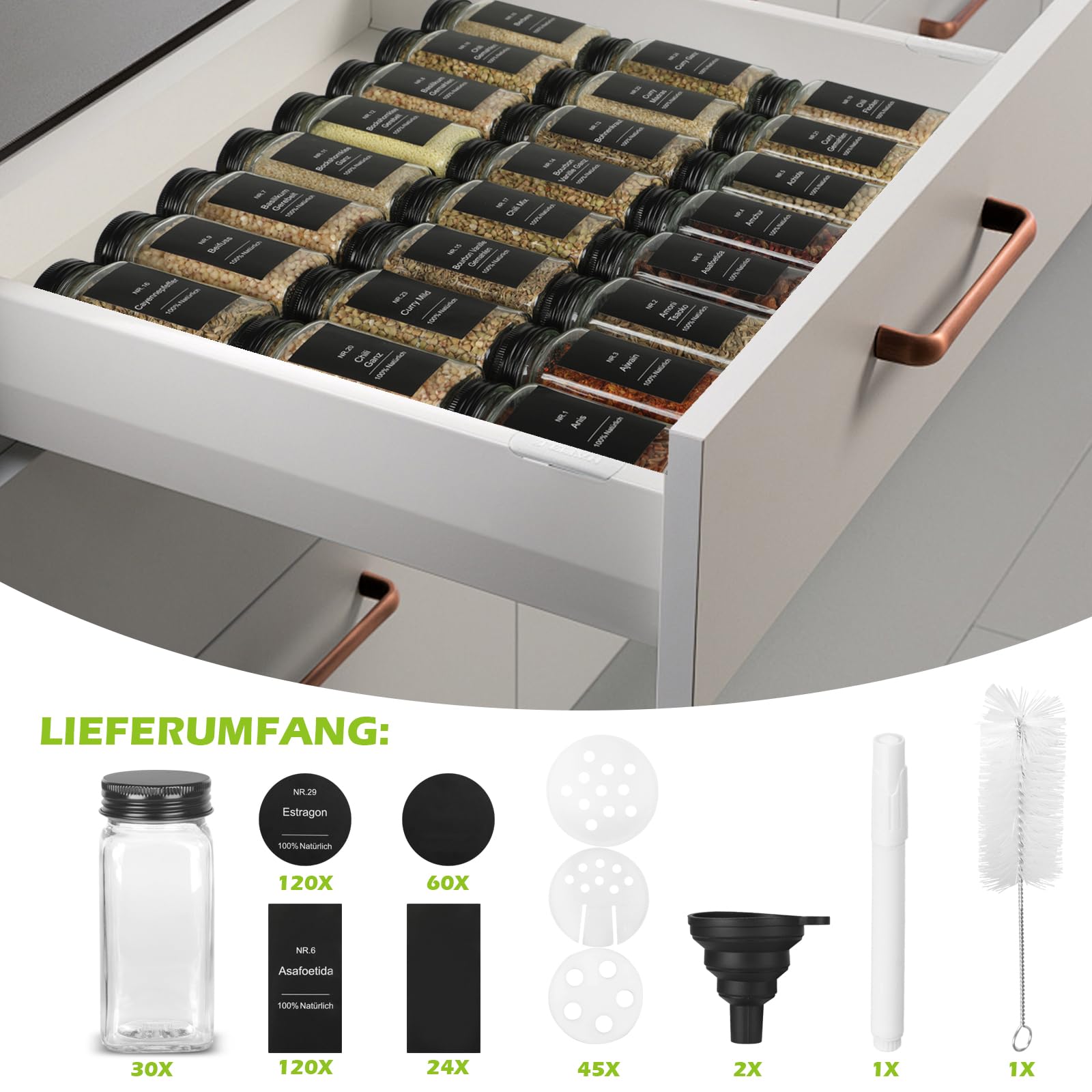 30er Set Gewürzgläser Eckig mit Streueinsatz - mit 324 Deutsch Wasserfeste Label - 120ml Luftdichte Gewürzgläser Schwarz - Gewürzstreuer Glas Organizer - Gewürzbehälter Spice Jars - Gewürzdosen Set