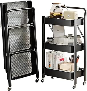 [Firmiarii]【収納整理ラック】3段折りたたみ式キッチンワゴン ベビー用品/日用品/本収納 キャスター付き移動式 浴室・寝室兼用 組立不要 コンパクト設計 2-三層インク黒