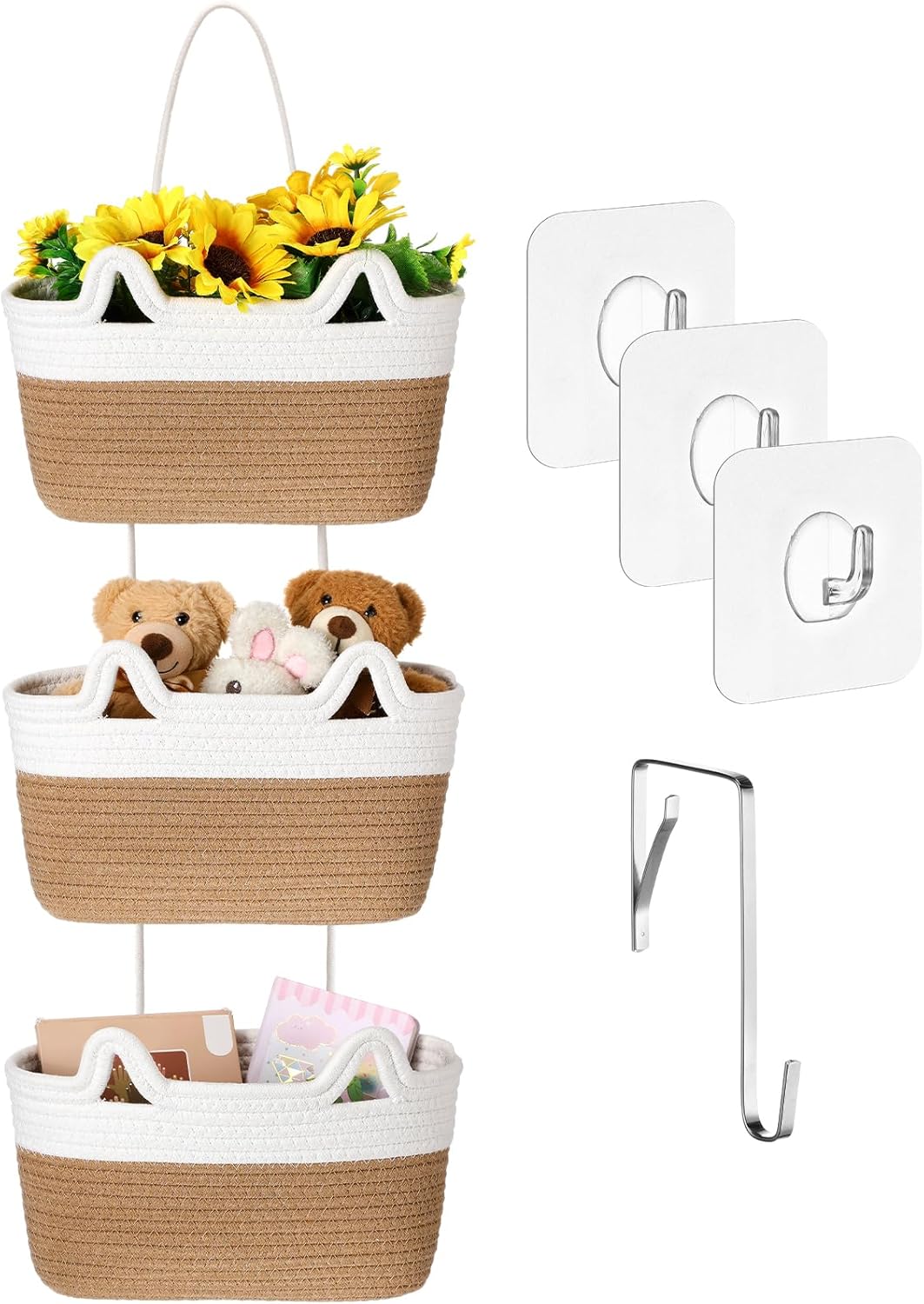 Zopeal 3 Tier Wall Mounted Woven Cotton Rope Hanging Basket Over The Door Hanging Basket with Hooks Decorative Food Snack Storage Organizer Newborn for Living Room(Pink,Bow)