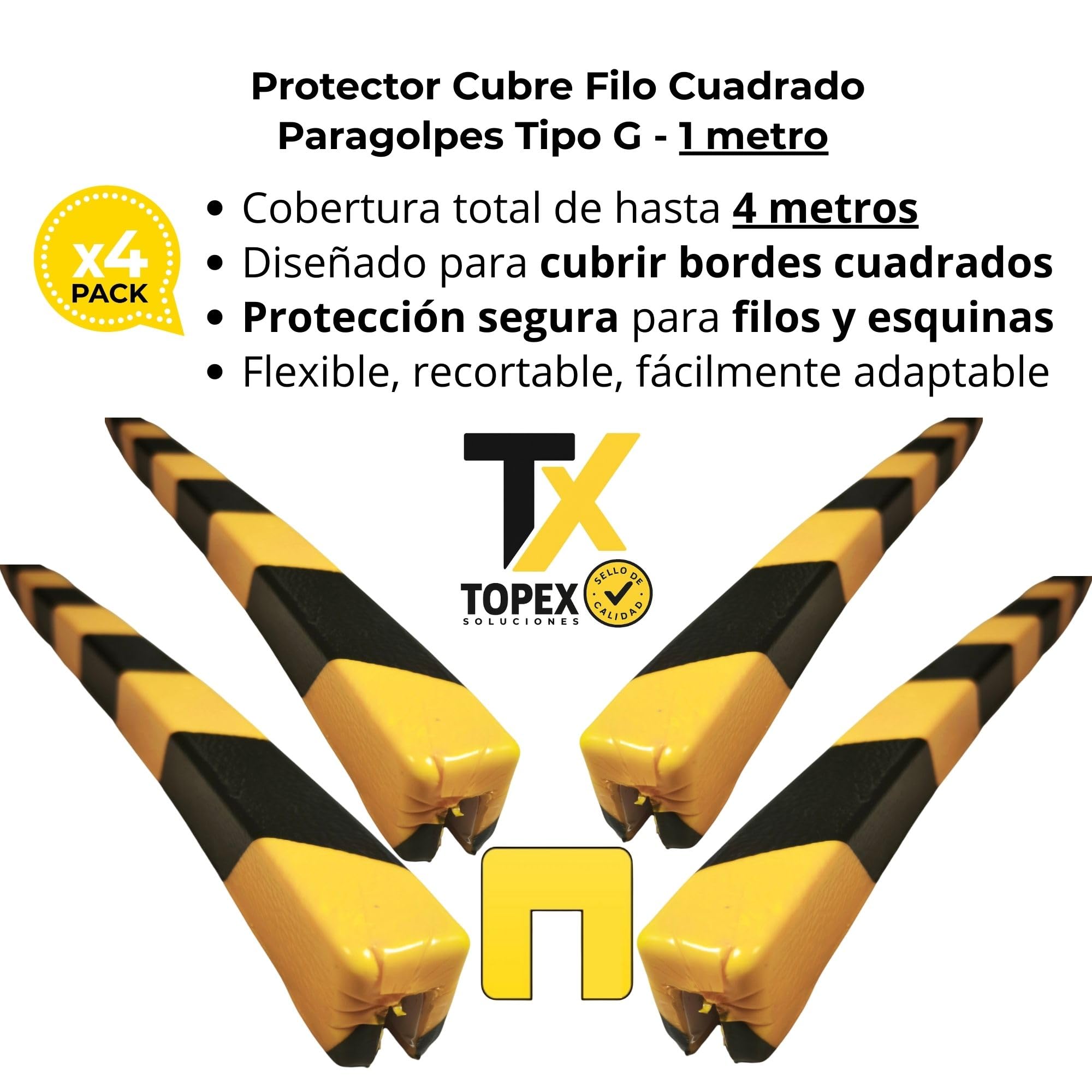 Protector Espuma Tipo G – Paragolpes Seguridad Industrial para Bordes y Cantos – 1 m Amarillo Negro Autoadhesivo – Pack 4