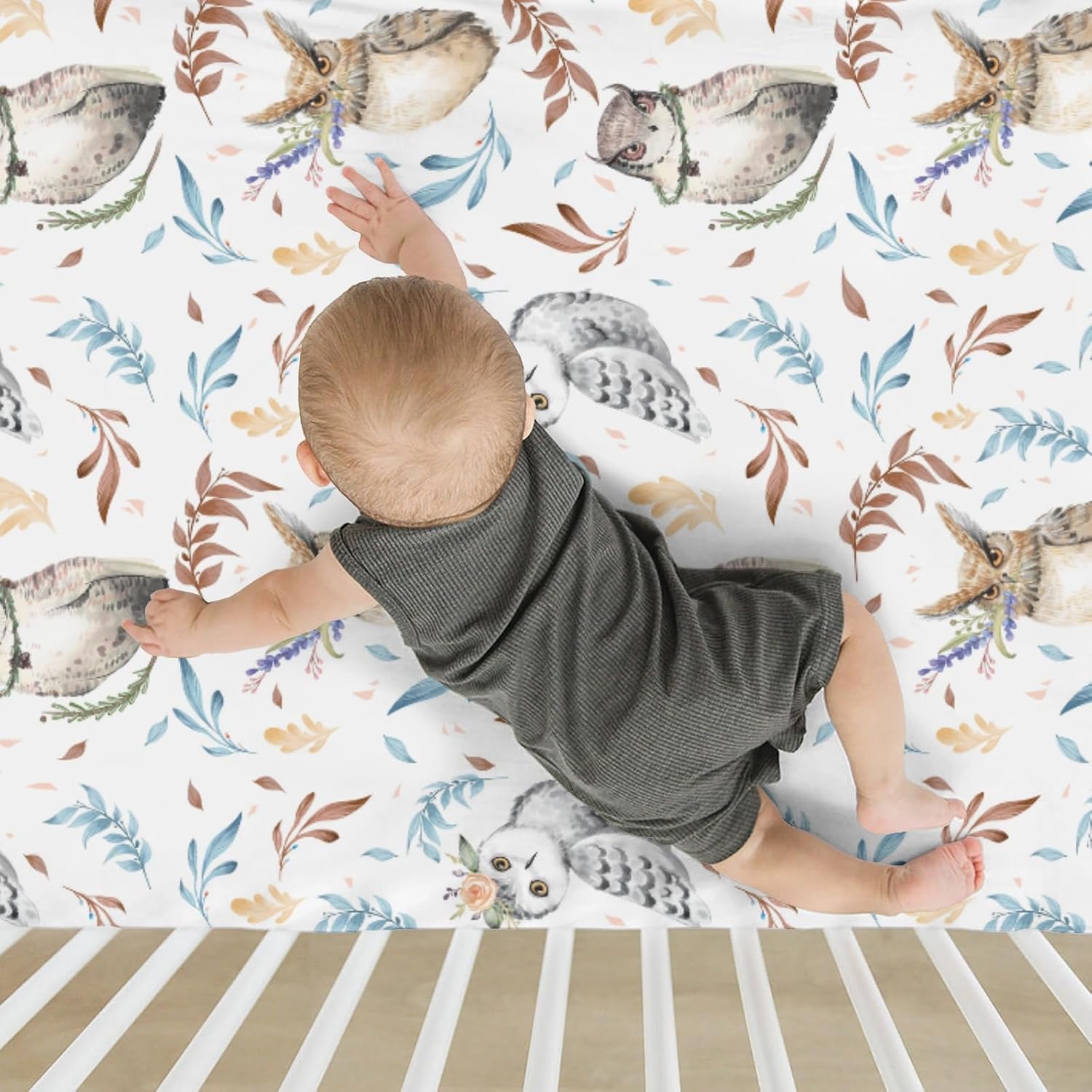 Boho Owls Floral Leaves Baby Crib Sheets for Boy Girl 52x28Inch Watercolor Owl Bird Soft Stretchy Fitted Crib Mattress Covers Floral Owl Fern Baby Sheet for Crib & Toddler Bed Mattress