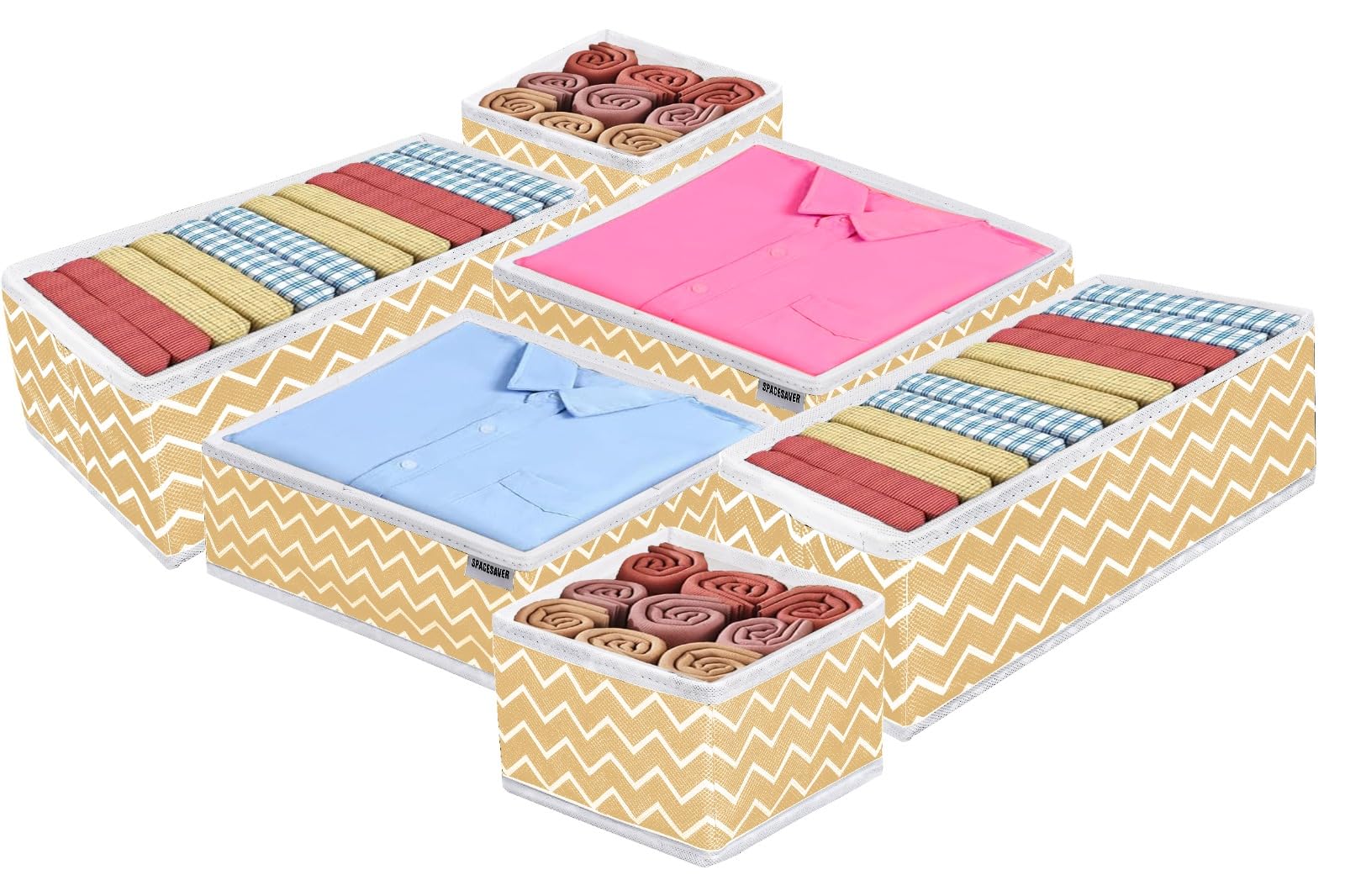 A406 6 Foldable Drawer Organiser Set 6 Storage Box Organiser for Drawer Set Divider Underbed storage box (Beige)