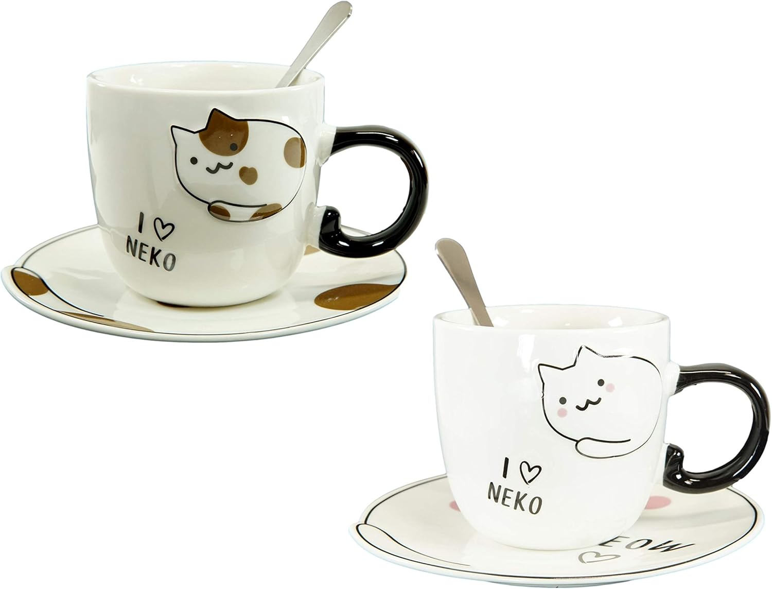 Ebros Pack Of 2 Crazy For Cats Maneki Neko Porcelain Coffee Tea Mug Cup 8oz With Saucer Tray And Notched Spoon Animal Pets Kittens Mugs Cups Kids And Adults Drinkware (Calico And White)