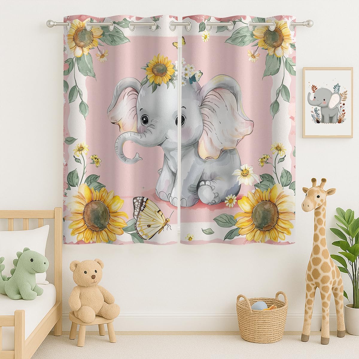 Cute Baby Elephant Blackout Curtains for Girls Boys Home Decor, Cartoon Pink Sunflower Butterfly Grommet Thermal Insulated Drapes Darkening Window Curtain for Bedroom Living Room, 42 x 45 Inch