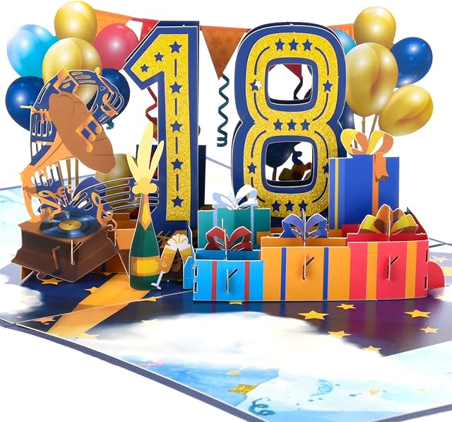 Dacitiery 18th Birthday Card, 3D Pop Up Greeting Card, Laser Cut with Balloon Gramophone Birthday Banner Design Birthday Card Gifts for Boys, Girls, Son, Daughter and Friends 18th Birthday