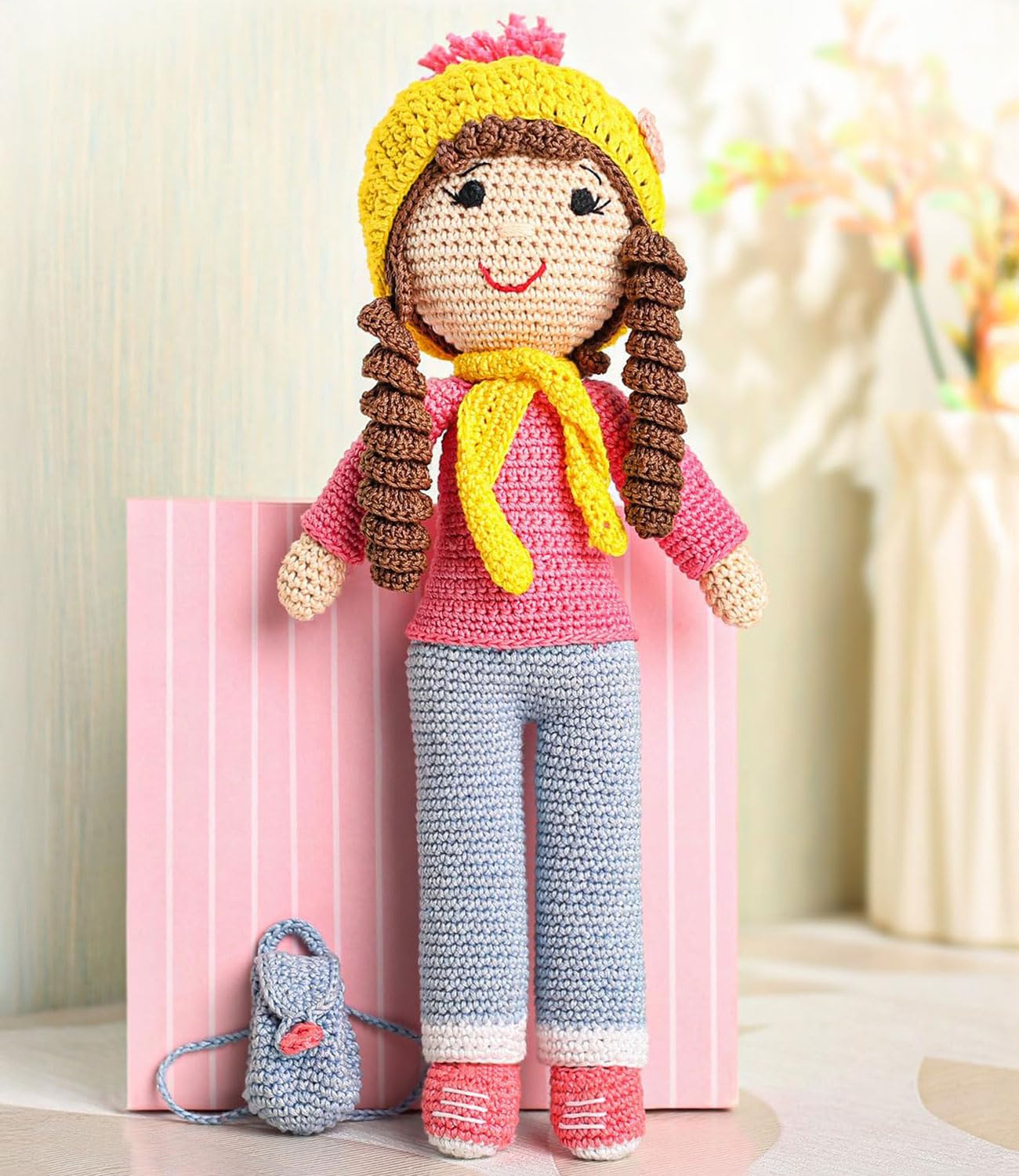 Bonfino Premium Crochet Doll with Bag for Girls & Boys, Cute Knitted Cotton Doll for Babies, Baby Doll for Kids, Soft Toys, 6+ Months, Birthday Gift, Height 27 cm, Pink & Blue (Miss Judy)-image-22