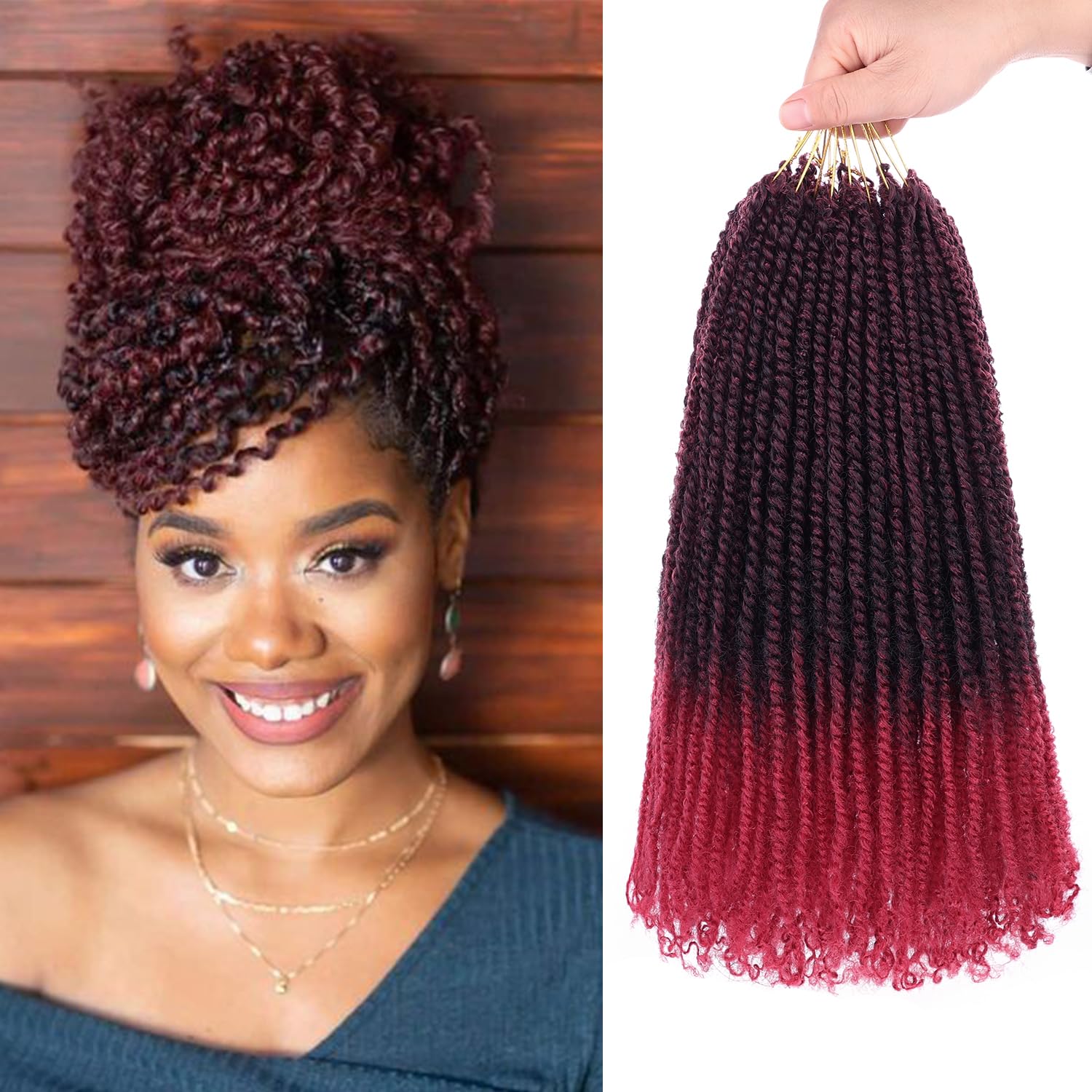 Mscat 12 Inch 9 Packs Micro Twist Crochet Hair Bob Braids Pre-Looped Ombre Burgundy Mini Passion Twist Senegalese Extensions