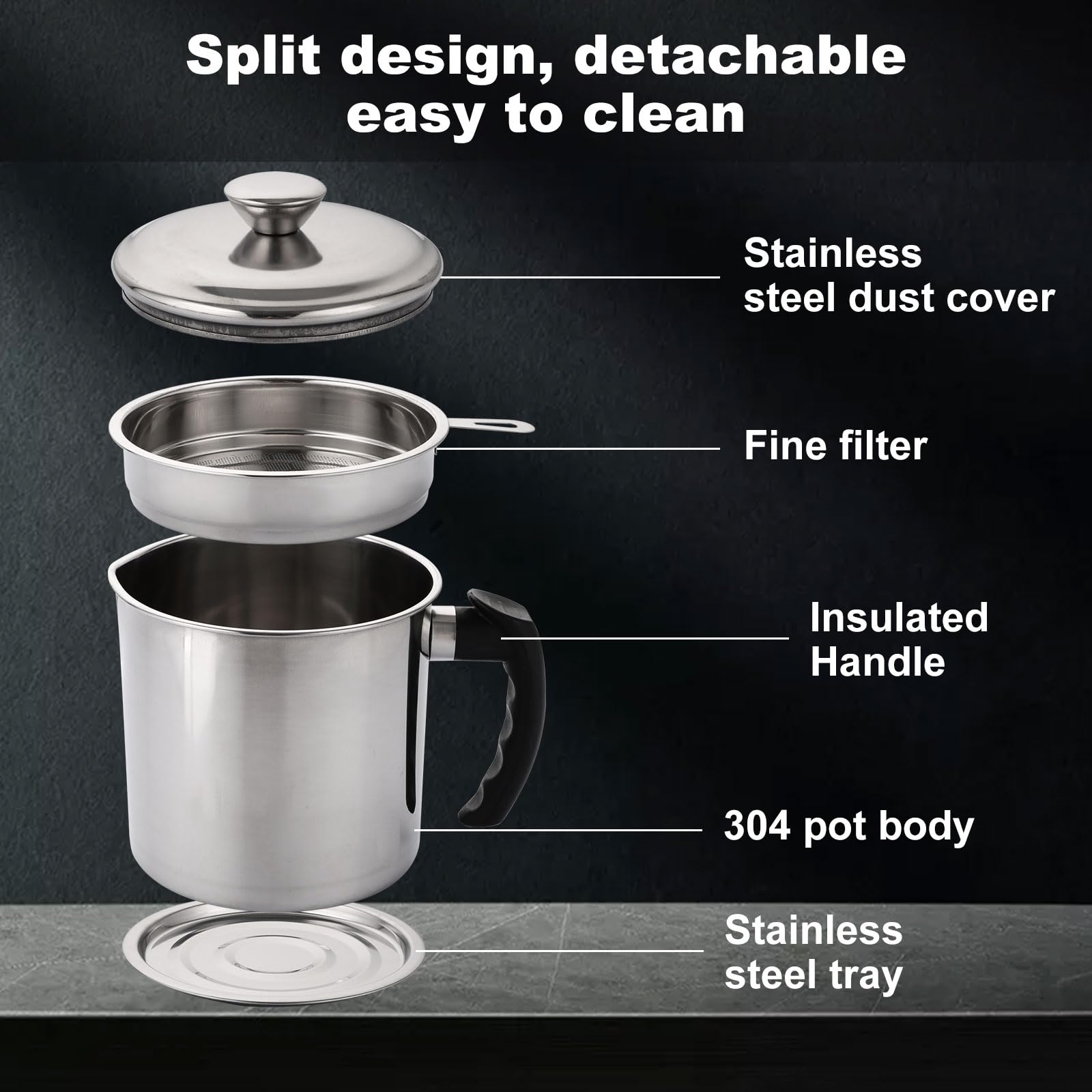 2 recipientes coladores de aceite, recipiente de acero inoxidable de 1.3 L con colador, recipiente de grasa de tocino con tapa y placa antideslizante