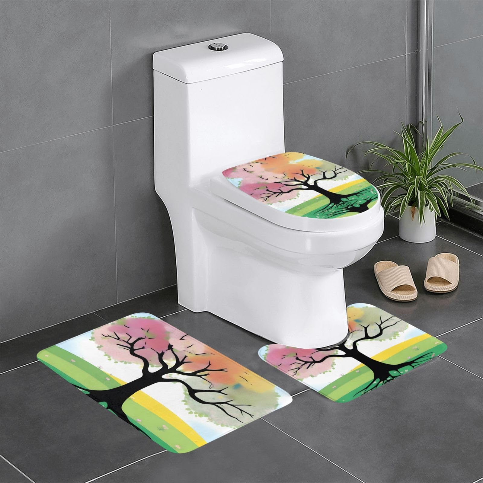 Tapis de salle de bain lot de 3 Four Seasons antidérapants motif arbre