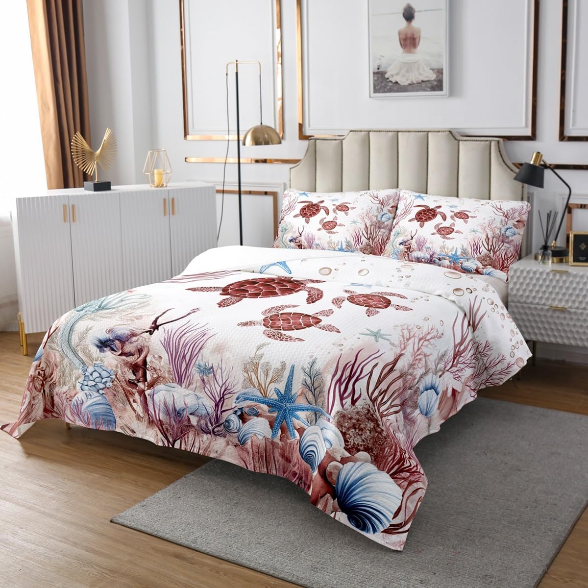 Erosebridal Sea Turtle Bedspread Set Red Brown Quilt Set King Size,Beach Ocean Tortoise Starfish Quilted for Kids Adults Underwater Sealife Bed Cover