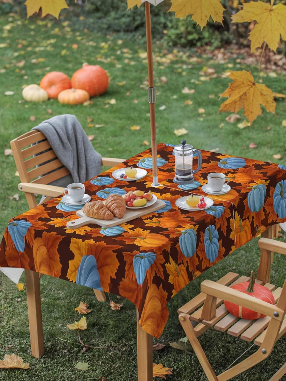 Blue Orange Pumpkins Outdoor Tablecloths with Umbrella Hole and Zipper, Fall Thanksgiving Maple Leaves Waterproof/Stain Resistant Rectangle Table Cloth 60x84 Patio Table Cover for Picnic/Party