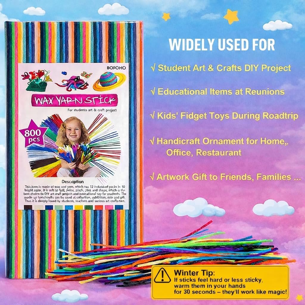800PCS Wiky Sticks for Kids – Mess-Free Sensory Wax Yarn Sticks for Toddlers, Travel Toys for Road Trips, Car & Airplane, Fun Activities, Summer & Camping Non-Toxic Crafts, Ages 3+