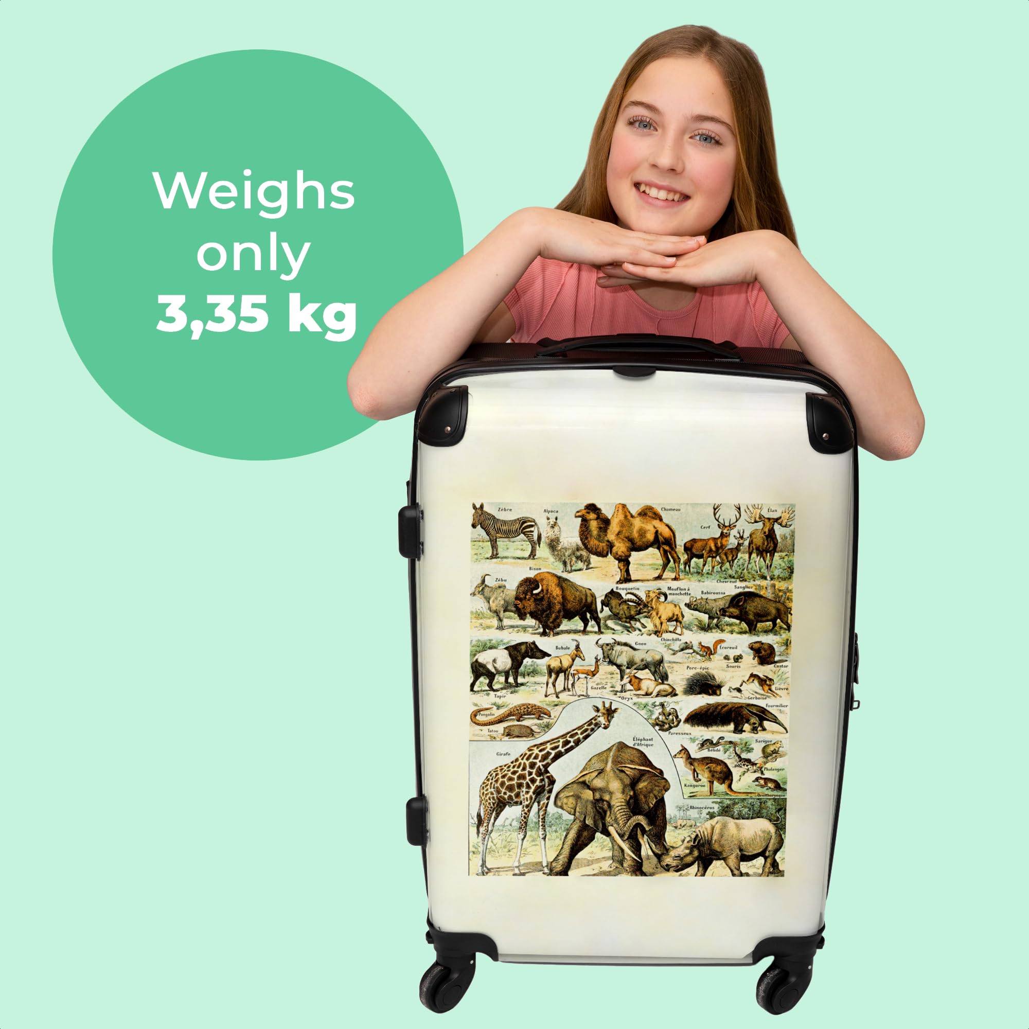 NoBoringSuitcases© Valigia Grande - Trolley Rigido 4 Ruote - 90 Litri | Vintage - Fauna Selvatica - Safari - Illustrazione - Arte - Lucchetto a Combinazione TSA