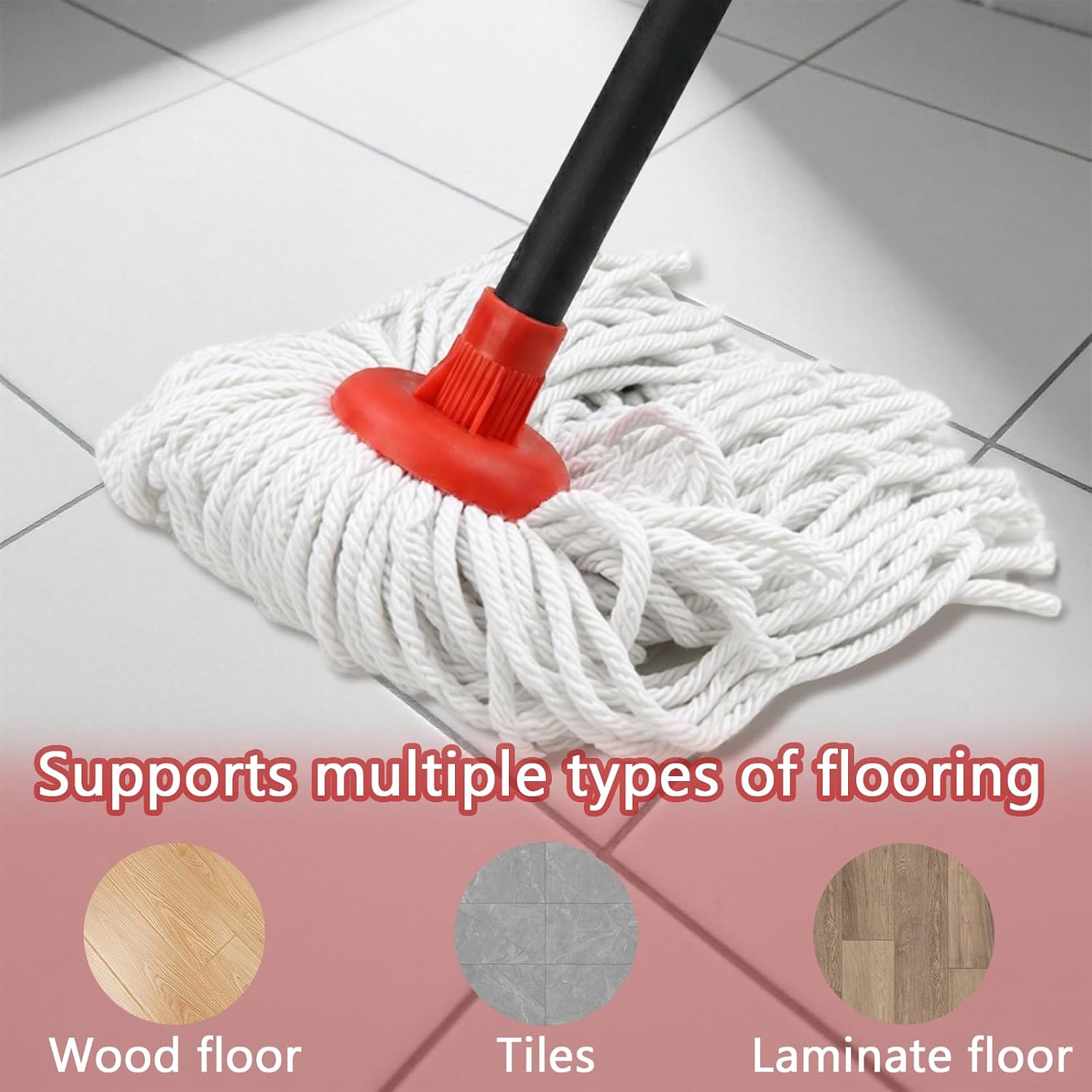 Indoor Cotton Mops for Floor Cleaning, 53" Long Handle Cotton Mop, Cleaning Mops for Tiles and Hardwood Floor, Household Mop for Kitchen, Bathroom, Garage, Tile & Hardwood Floors（Red White）