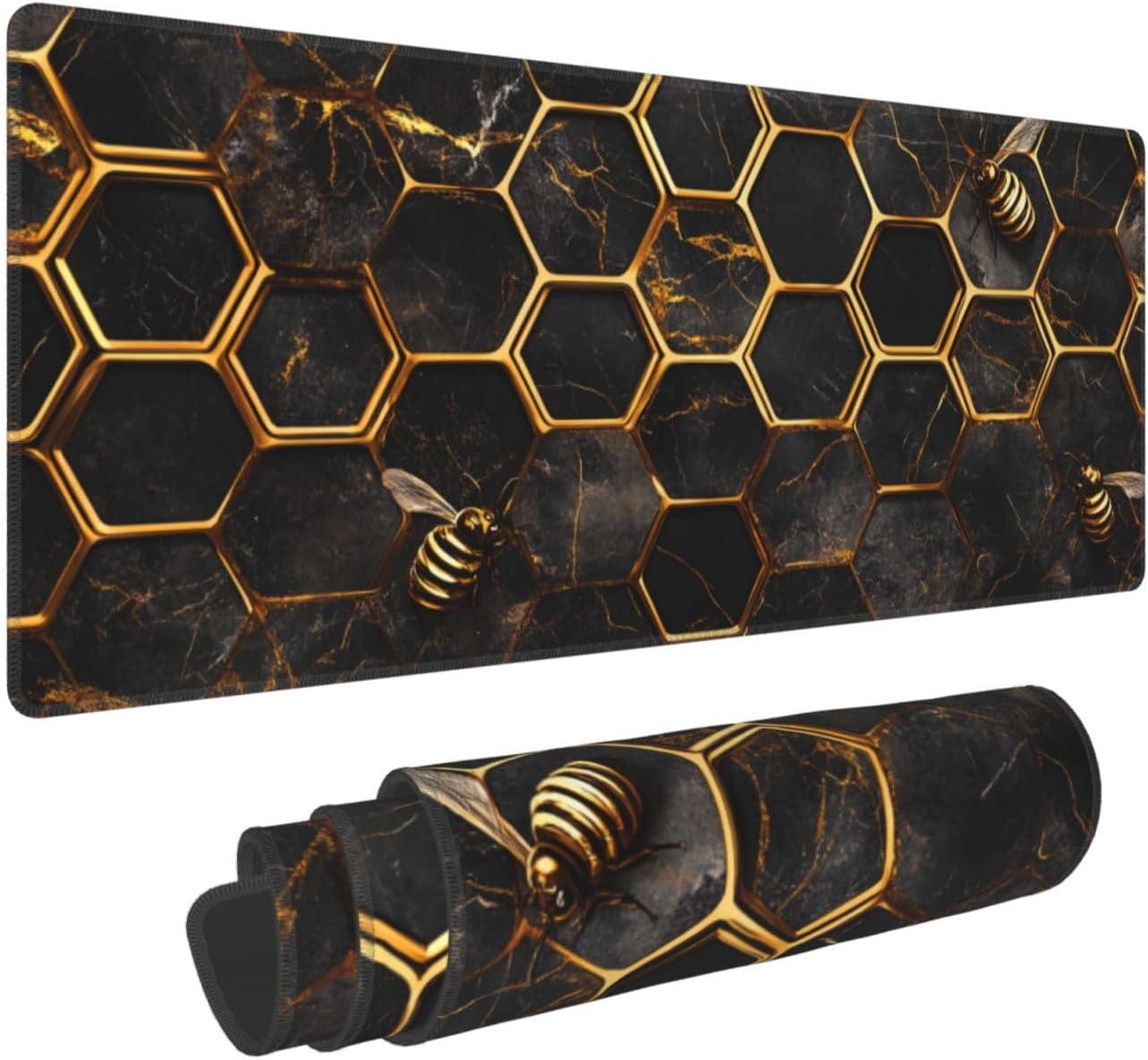 Honeycomb Gold Bee Gaming Mouse Pad, Large Non-Slip Rubber Base Mousepad XL 31.5x11.8in, Keyboard Mouse Mat, Desk Pad with Stitched Edges for Gamer Home&Office