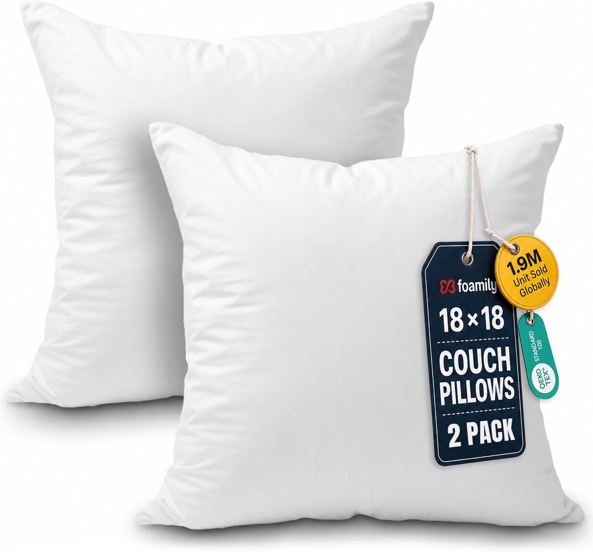 Foamily Couch Pillows Inserts 18x18 (Set of 2) Premium Decorative Pillows for Couch, Bed & Living Room, Soft Fluffy Throw Pillow Inserts for Home Décor