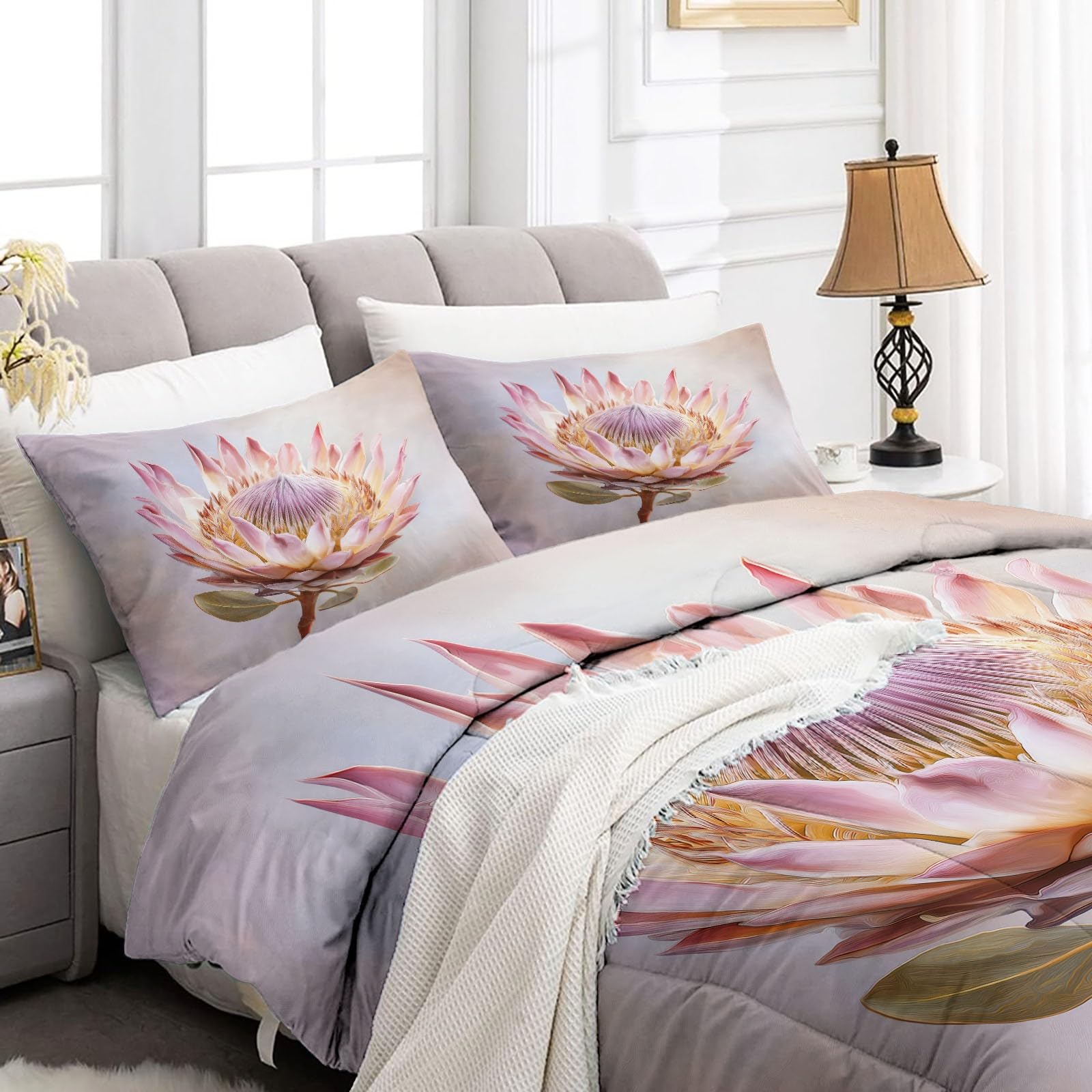 Générique Trapunta stampata 140 x 200 cm Pianta Fiori di Protea Reversibile Trapunta Acquarello Onirique 4 Stagioni - Grigio Trapunte trapuntate, Edredon Trapunte senza Houss e 2 federe 65 x 65 cm