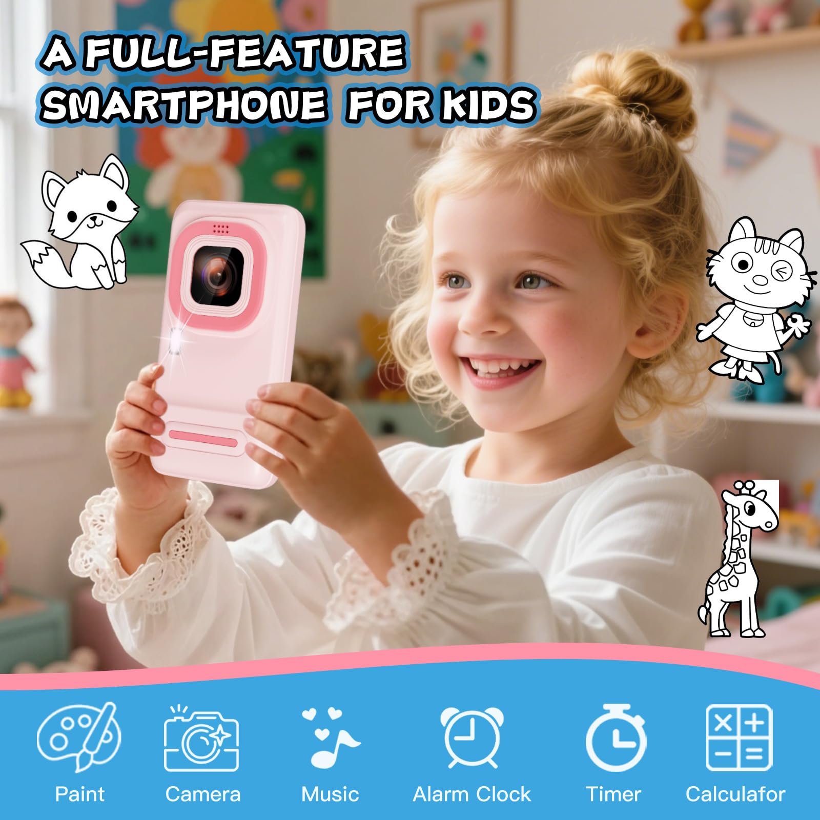 Ashfly Kinder Handy Smartphone–3,97 Zoll Kinderhandy Mit Doppelkamera, 8 GB Kinder Smartphone Mit über 200 STEM Lernspielen für ab 4 5 6 7 8 9 und 10 Jahren, Geschenk für Mädchen und Jungen