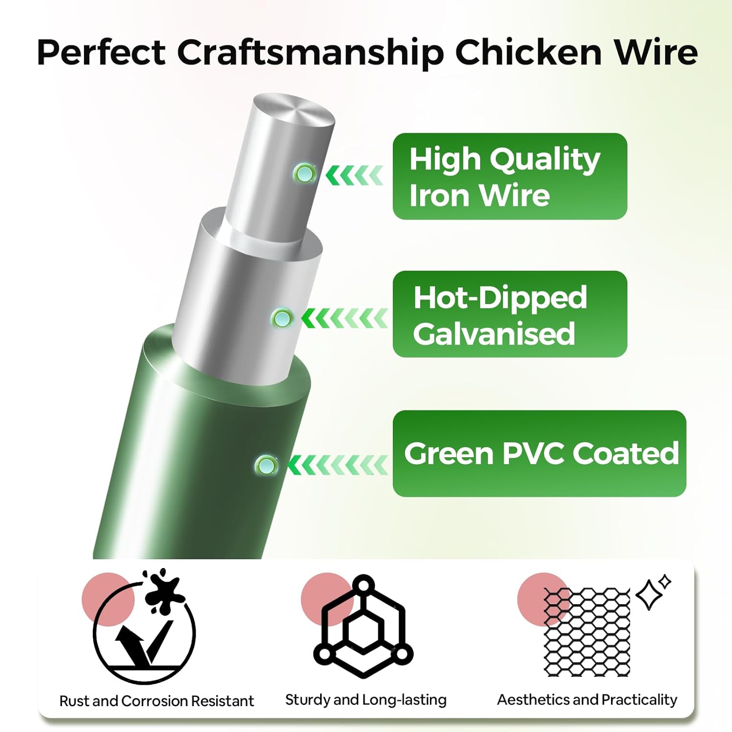 Chicken Wire for Floral Arrangements, Garden Poultry Netting 18 × 240 Inch Galvanized PVC Coated 0.75in Hole Size Hexagonal Wire Garden Fence for Chicken Coop Barrier Rabbit Cage,Green