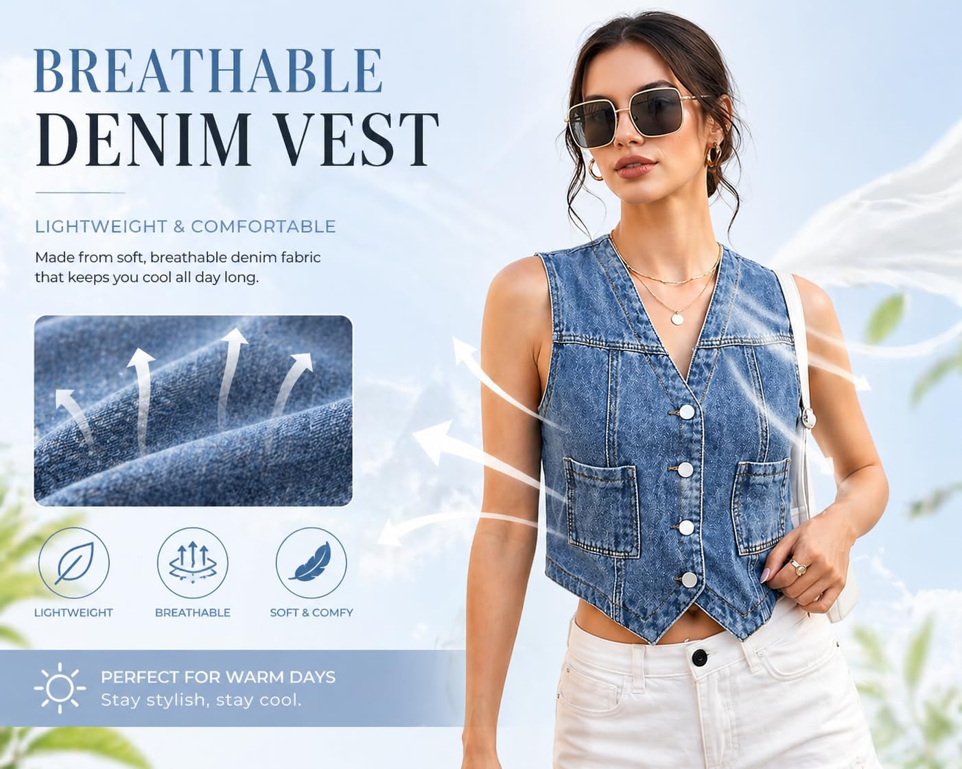 Cropped Denim Vest for Women, V Neck Button Down, Blue Jean Vest Top, Western Style