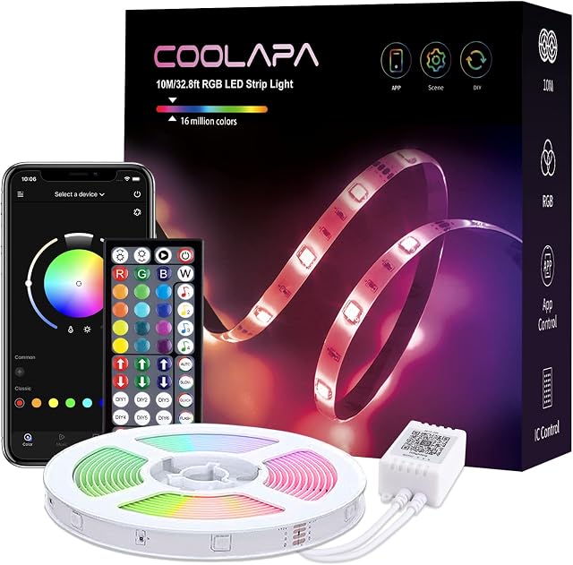 COOLAPA Led Strip Light, 10M Led Light Strips, Color Changing Sync with Music, App Control - 44 Keys IR Remote Control, for TV Kitchen Home Party Christmas Decoration, 1pc x 10m