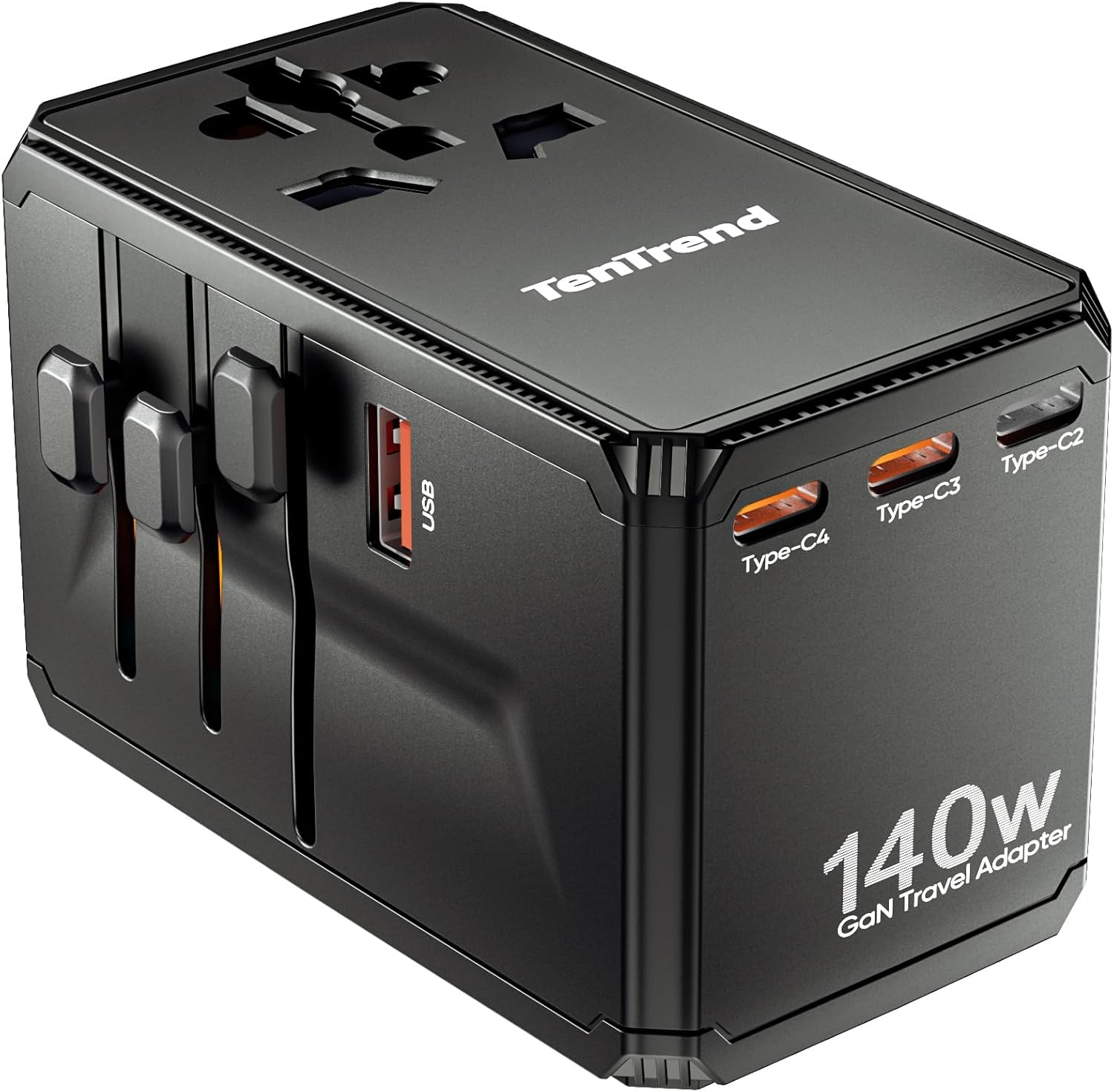 TenTrend Universal Travel Adapter, 140W International Power Adapter with 4 USB-C & 1 USB-A Ports, European Travel Plug Adapter, Worldwide Travel Essentials for EU UK AUS USA