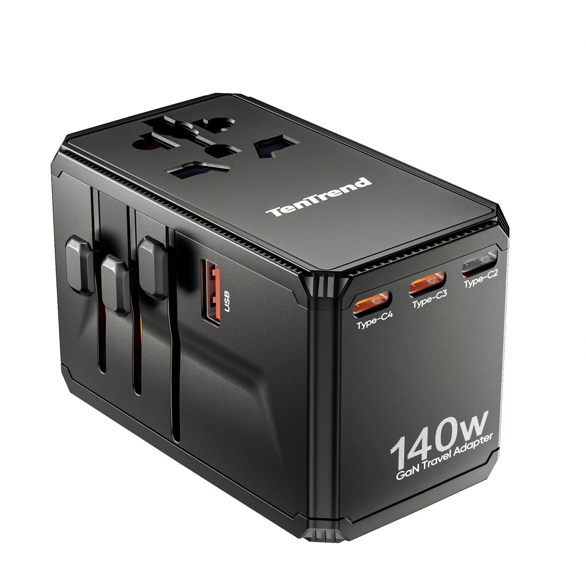 TenTrend - Adattatore da viaggio universale, adattatore CA internazionale da 140 W con 4 porte USB-C e 1 porta USB-A, adattatore spina da viaggio europea, essenziale in tutto il mondo