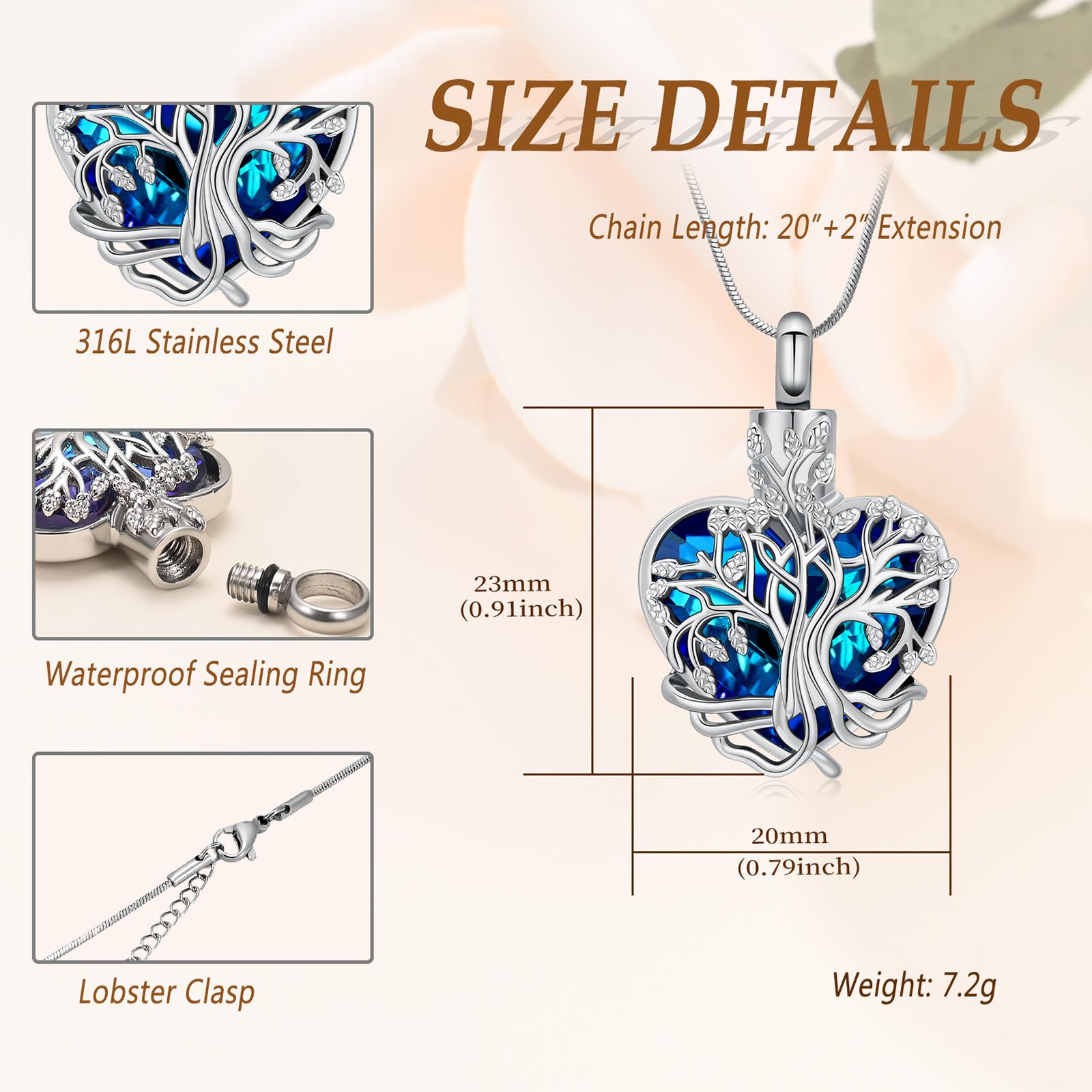 VCCWYQK Heart Tree of Life Urn Necklace for Ashes for Women Stainless Steel Cremation Jewelry Memorial Keepsake Gift for Ash of Loved One (F-1) - Image 2