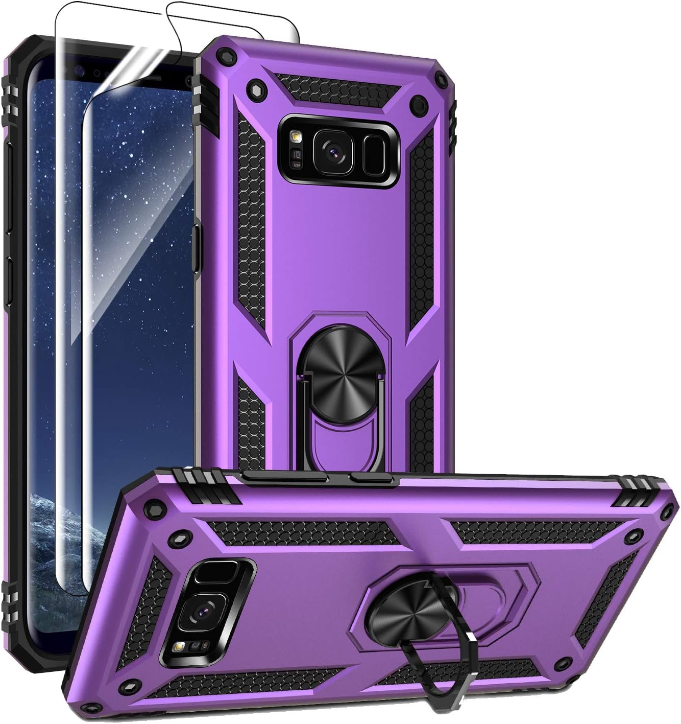 Androgate for Samsung Galaxy S8 Plus Case with HD Screen Protectors, Military-Grade Metal Ring Holder Kickstand 15ft Drop Tested Shockproof Cover Case for Samsung Galaxy S8+ (2017) Purple