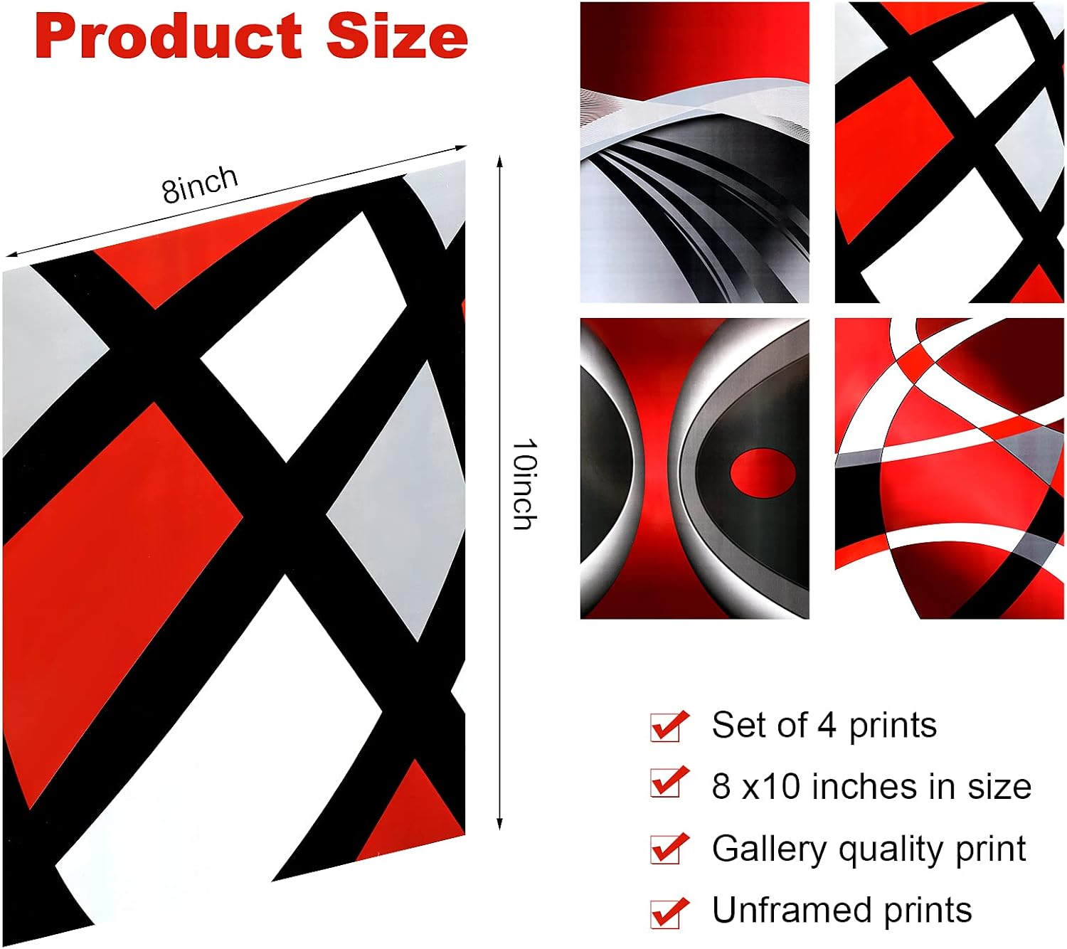 Outus 4 Pieces Red Stripes Poster Prints Unframed Abstract Wall Art Modern Abstract Wall Art Abstract Art Prints Black Silver Red Art Posters for Wall Home Decoration, 8 x 10 Inch