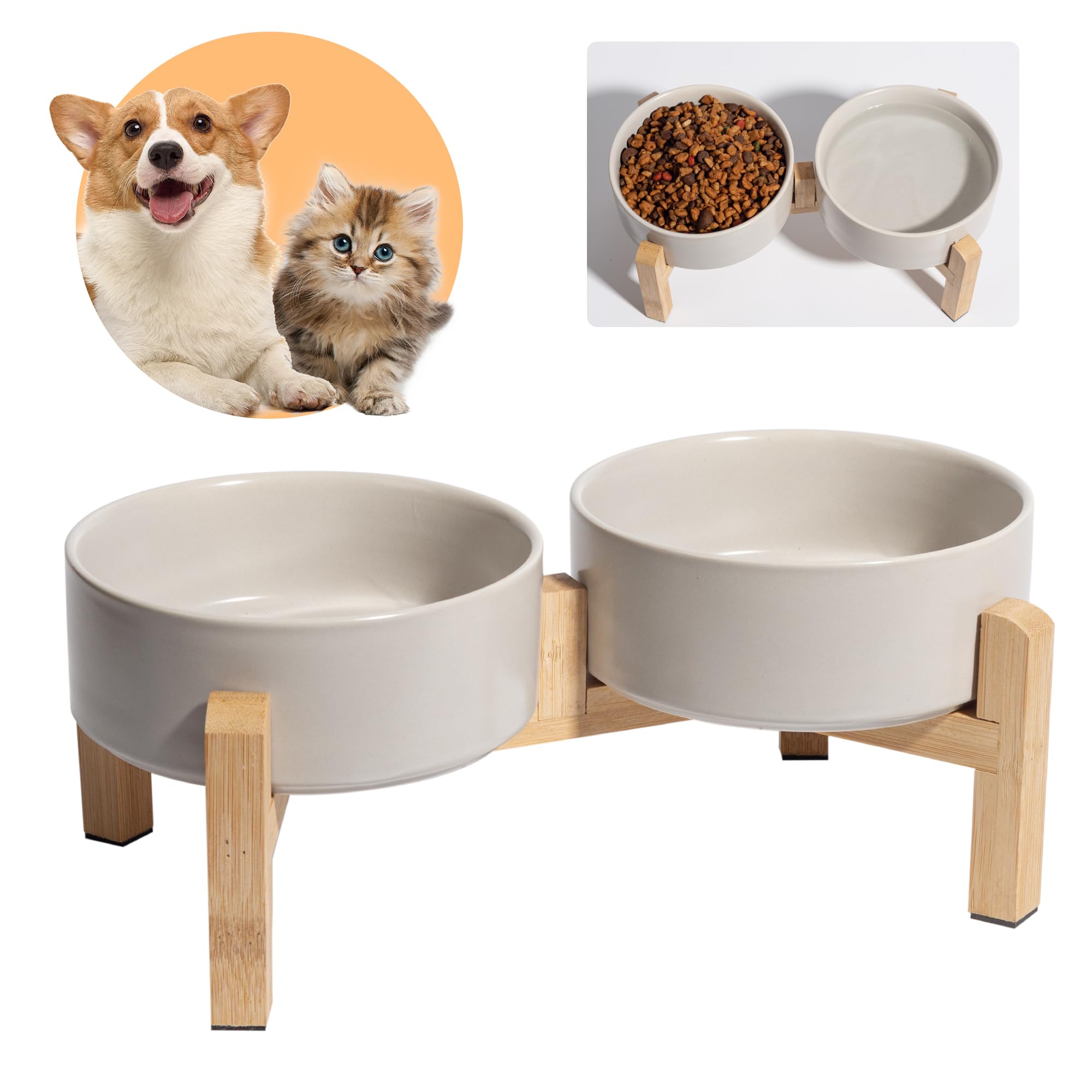 Comedero Perro Elevado Comedero Perros - Comedero y Bebedero Perro Ceramica - Cuenco Perro Doble con Soporte de Bambú - Platos para Perros - Bol Comida y Agua para Gatos y Perros Pequeños - 2 x 480 ml