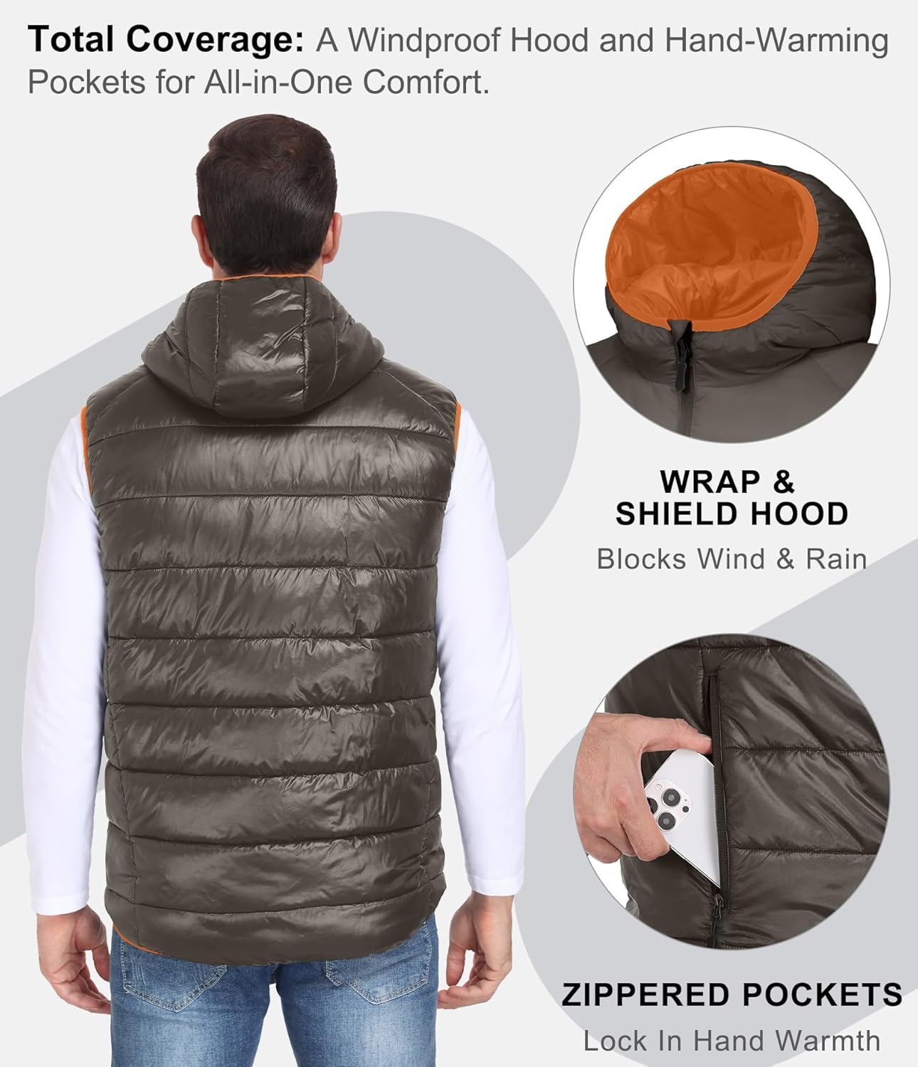 Mapamyumco Men's Hooded Puffer Vest Waterproof Lightweight Quilted Puffer Vest Full Zip Sleeveless Jacket Winter Outerwear - Image 4