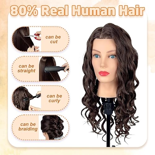 Miniatura 2 de Firstwon Cabeza de maniquí de cabello humano - Cabeza de muñeca de maniquí de cosmetología con 80% cabello real para peluquería, práctica de