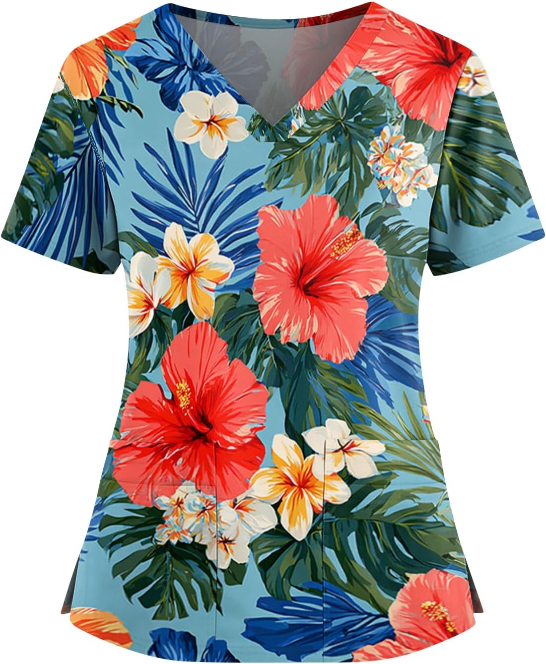 Women's Hawaiian Print Scrub Top Plus Size V Neck Short Sleeve Nurse Scrubs with Pocket Fun Nursing & Medical Uniform