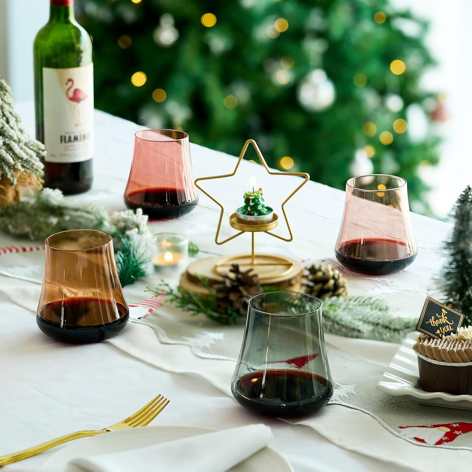 Crystal Stemless Wine Glasses: Set of 4-15oz Cute Brown Hand Blown Amber No Stem Wine Glass for Fall Autumn Winter Dinner - Image 6