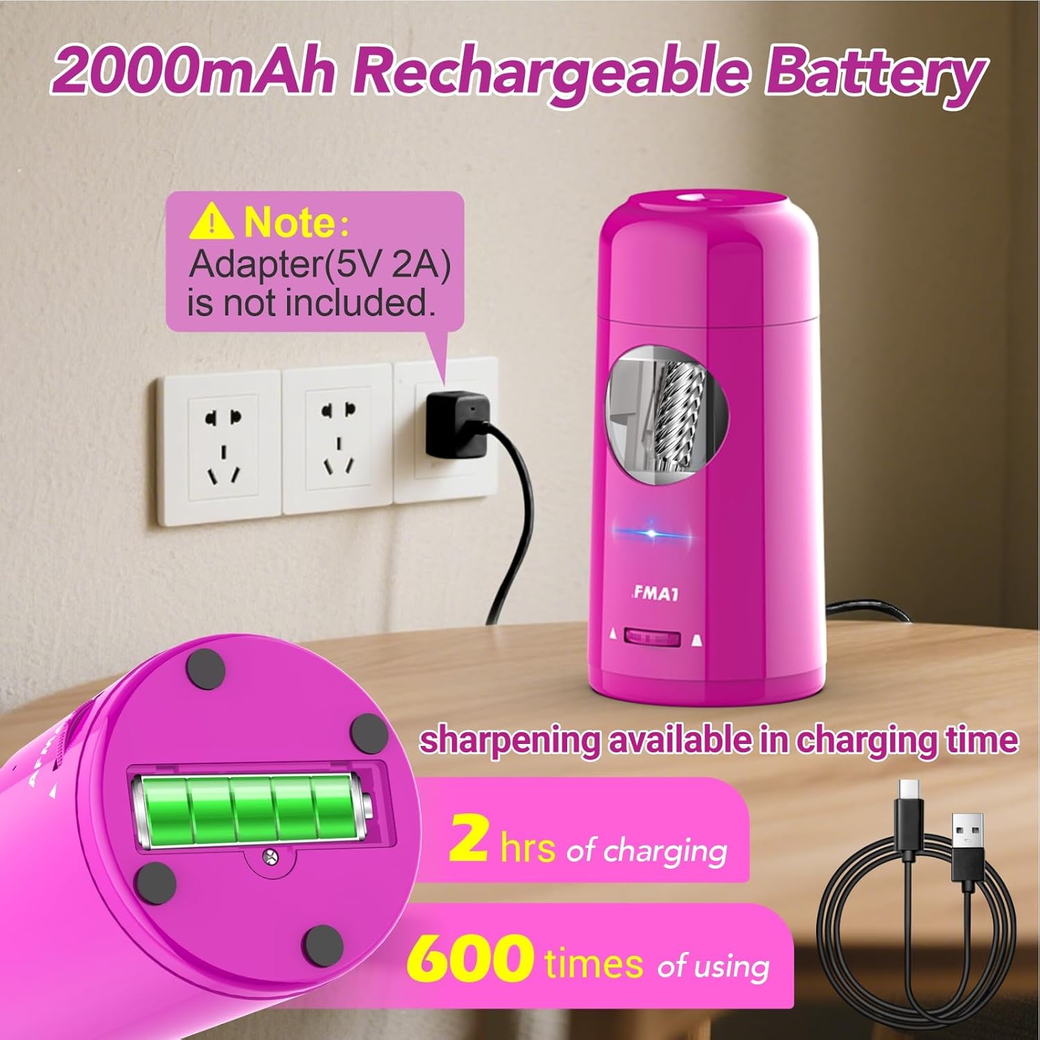 AFMAT Electric Pencil Sharpener connected to a USB charger, showing battery indicator and charging time.