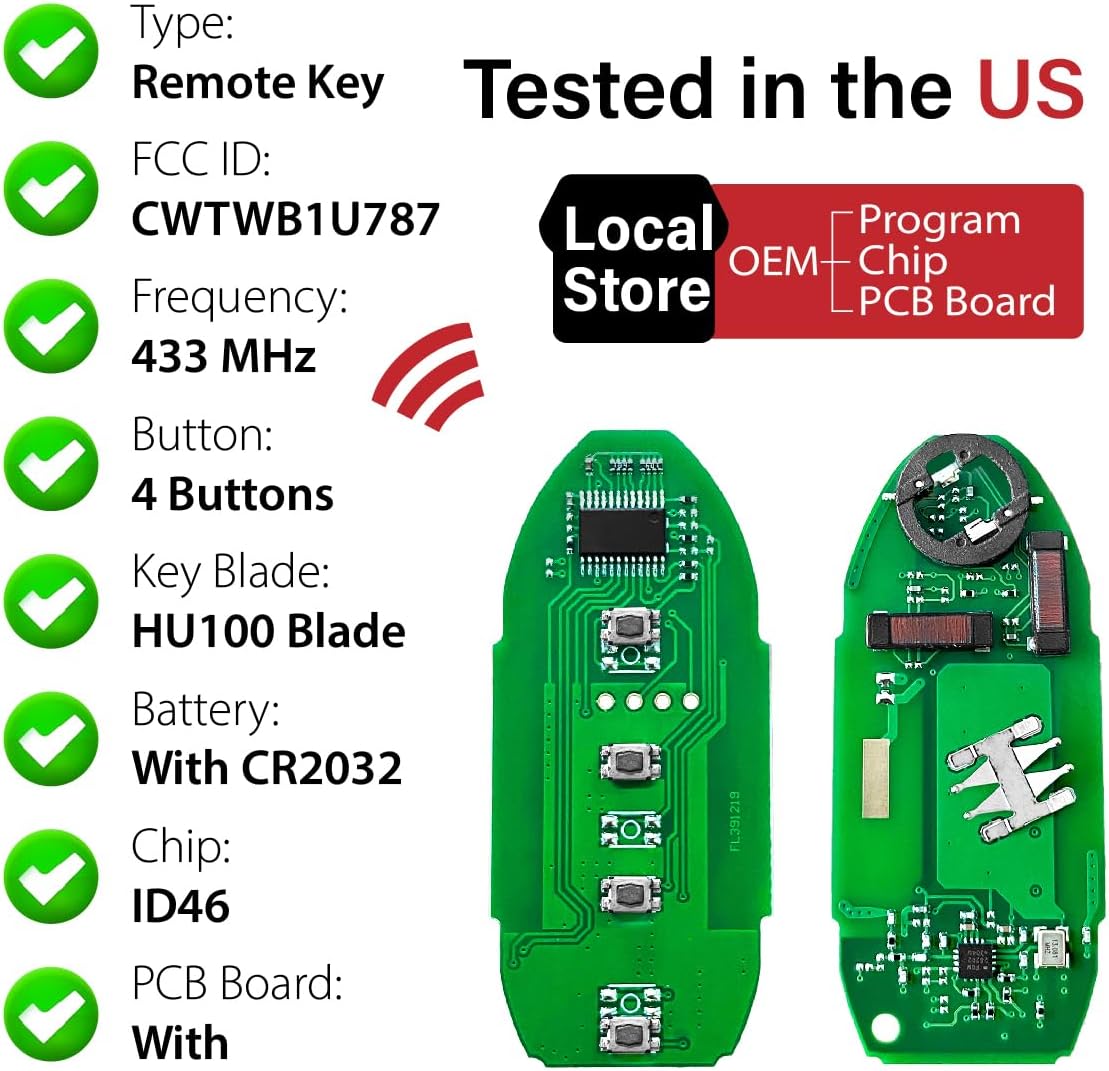 Car Key Fob Remote Keyless Entry Control CWTWB1U787 433MHz 4 Button Replacement for 2011-2019 Infiniti M56 M37 M35 M35h QX56 Q70 Q70h Nissan Armada - 2 Pack