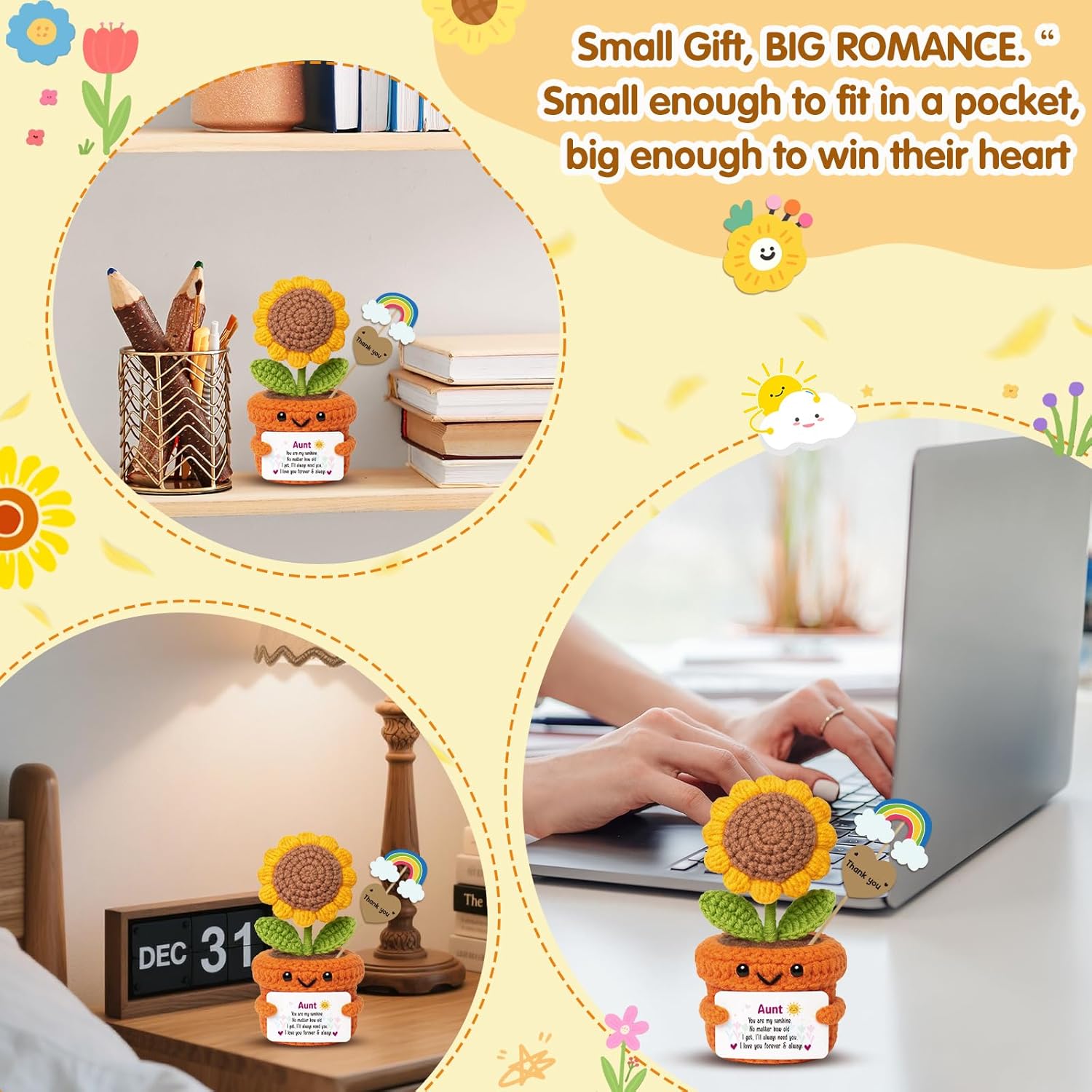 Christmas Aunt Gifts from Niece or Nephew - Handmade Crochet Sunflower Affirmation Plush Desk Decor for Auntie Birthday, Valentine's Day, Mother’s Day - Image 5