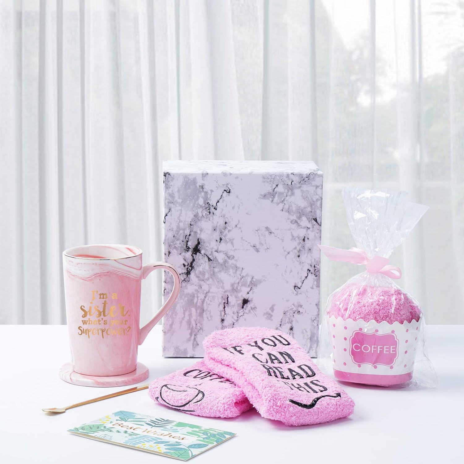 Hottest Sale Sister Coffee Mug I'm a Sister, What's Your SuperPower Funny Sister Gift for Sister Sis Sister Mugs for Birthday Christmas 14Oz Marble Coffee Mug with Exquisite Box Spoon Coaster Card Sock(Pink)