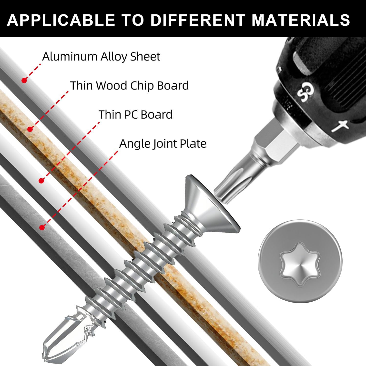 FandWay 100 Pcs Torx Self Tapping Screws Metal,M4.2x16mm Torx Countersunk Self Drilling Screws,Flat Head Sheet Metal Tek Screw 410 Stainless Steel With 1 T20 Bits For Aluminum Metalwork Roofing - Image 4