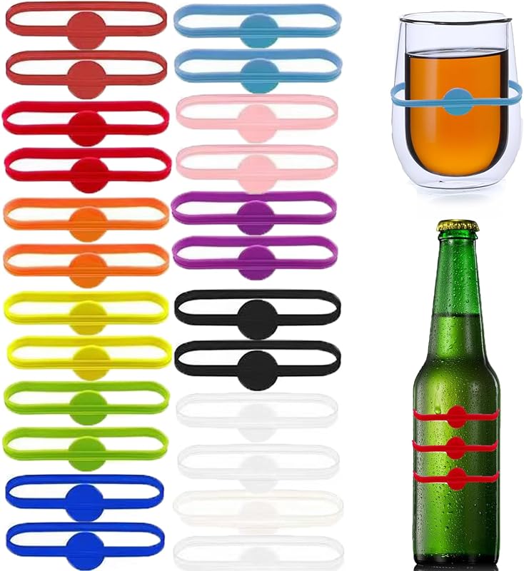 Marcadores de Bebidas de Silicona 24 Piezas, Encantos para Copas de Vino, Marcadores de Vidrio para Bebidas | para vasos de fiesta, vasos, latas, dentificación, marcador de etiquetas en tira para frascos de botellas de cerveza, solución para cócteles
